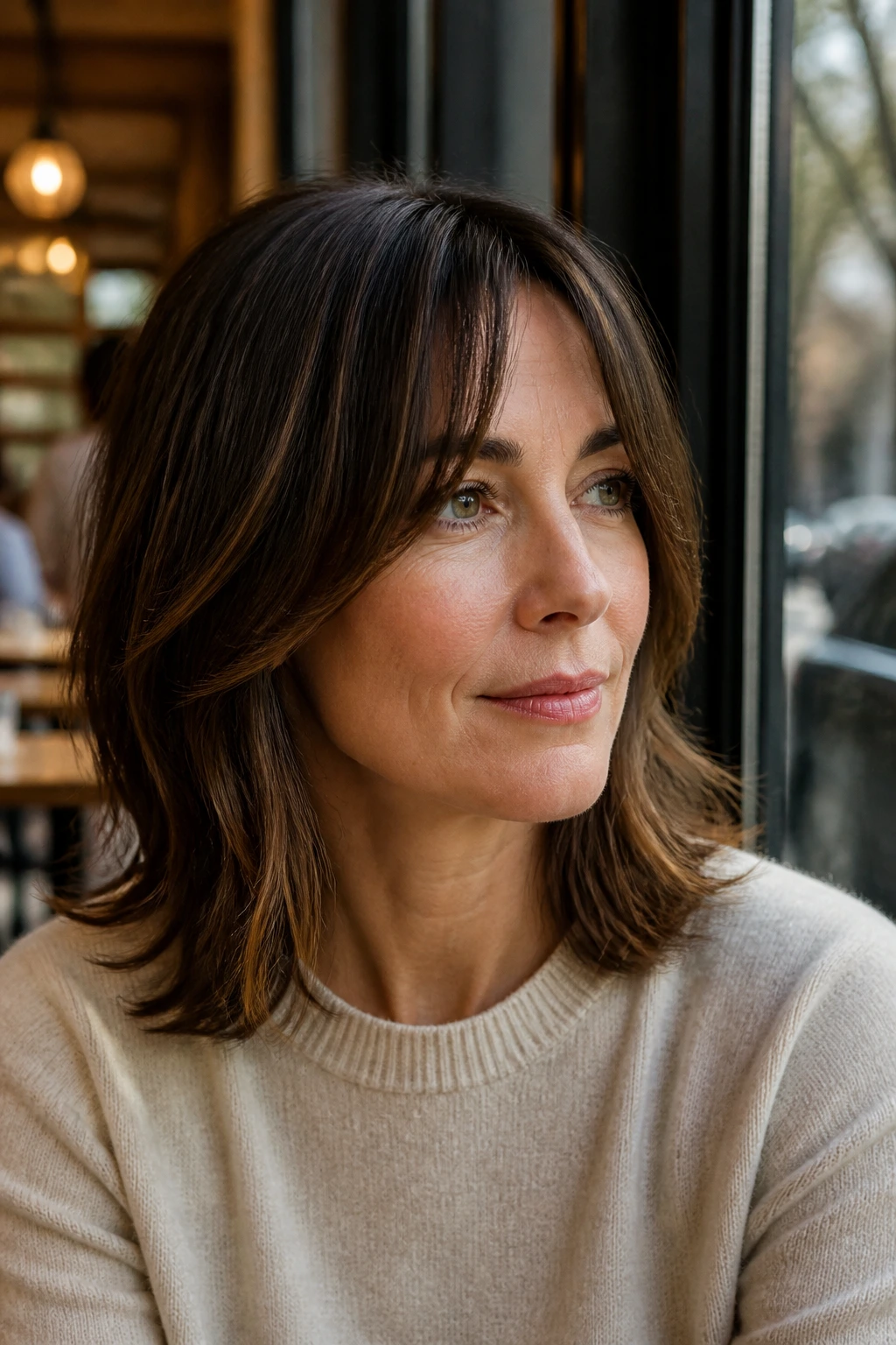 Real woman with shoulder-length cut and bottleneck bangs