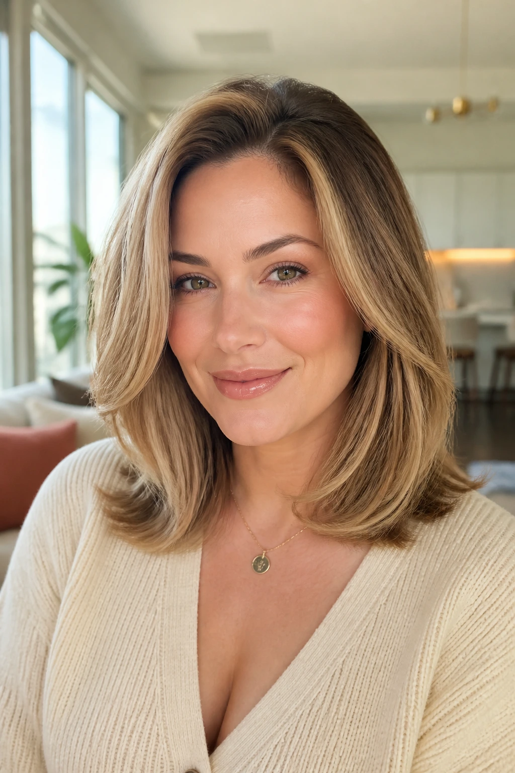 Close-up of a woman with a shoulder-length blowout and soft bend