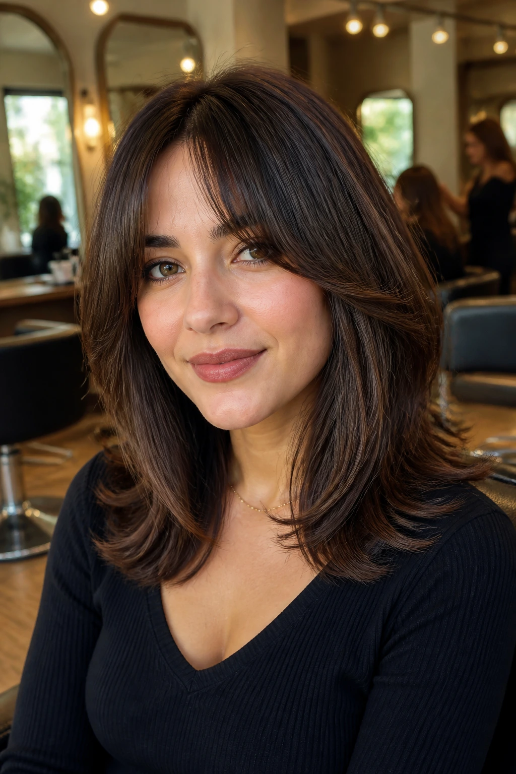 Close-up portrait of a real woman with shoulder-length blowout layers and curtain bangs in a warm salon.