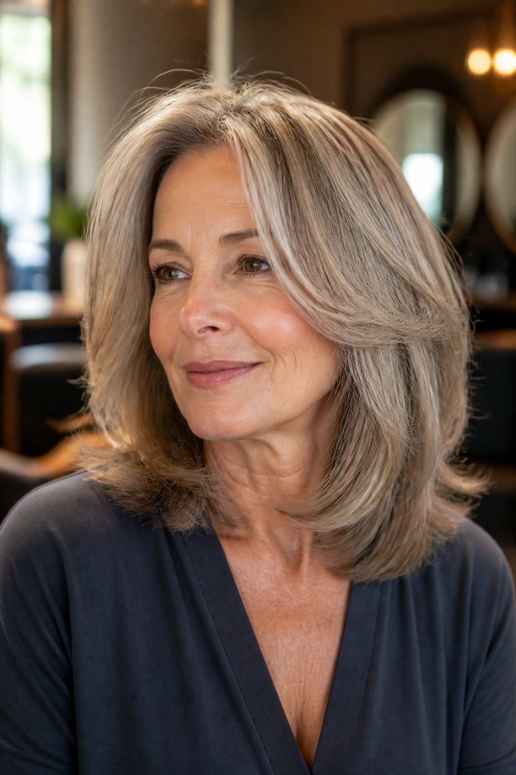 Portrait of a real woman with shoulder-length blowout layers