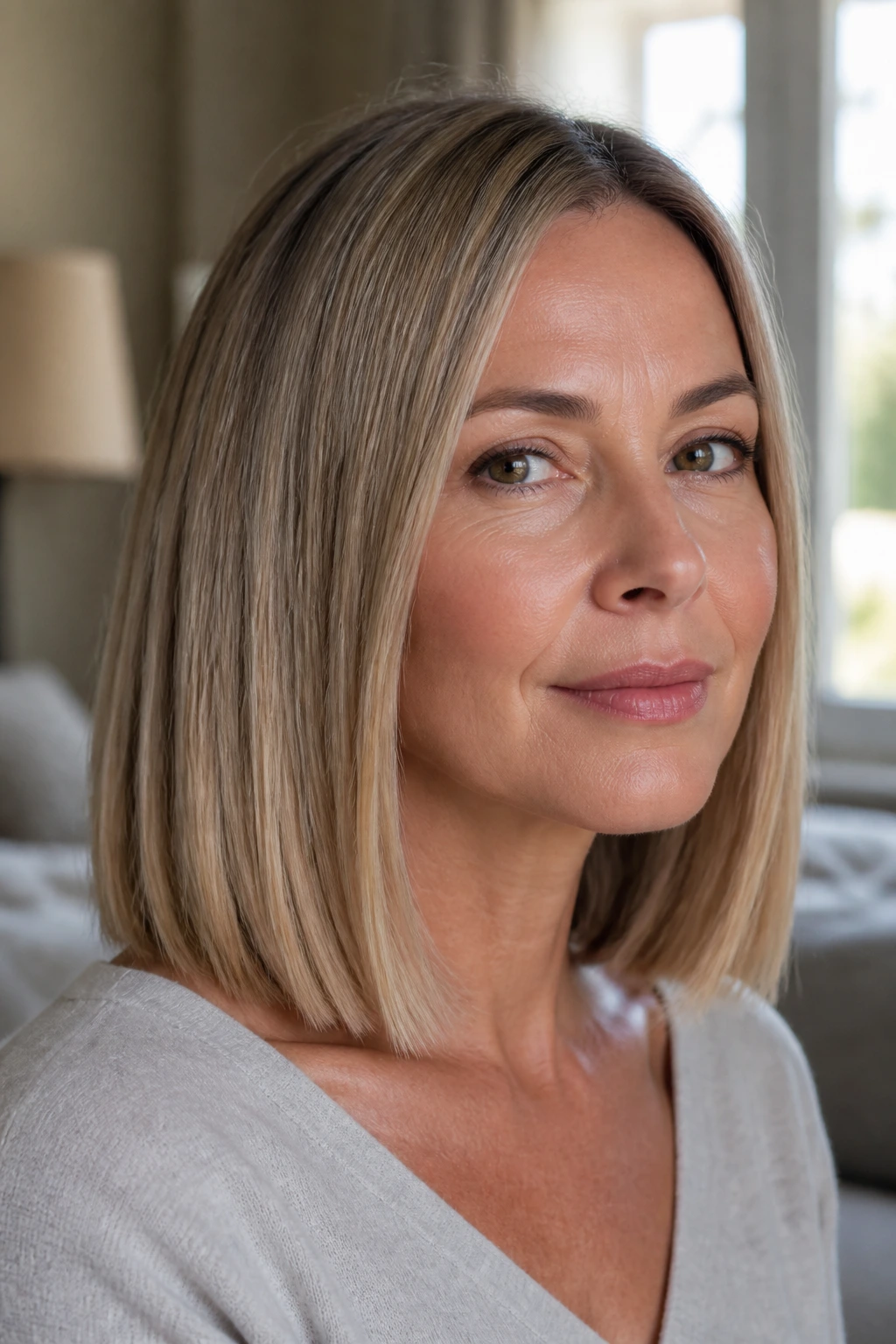 Close-up portrait of a real woman with a shoulder-length blunt cut under warm window light