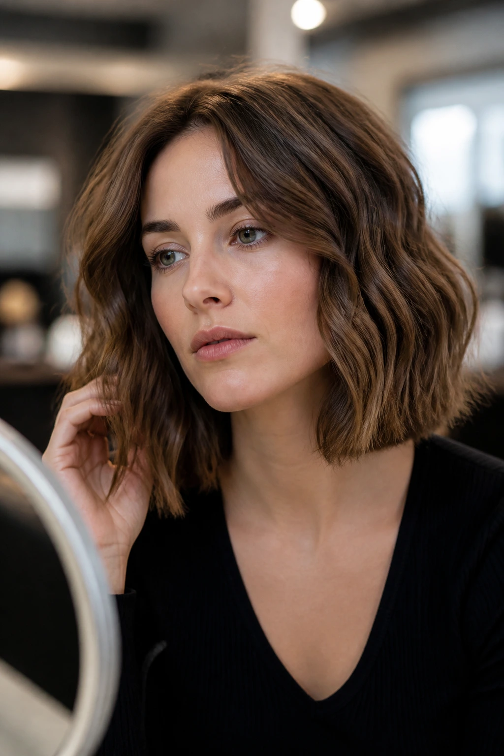 Thoughtful portrait of woman considering shoulder-length bob