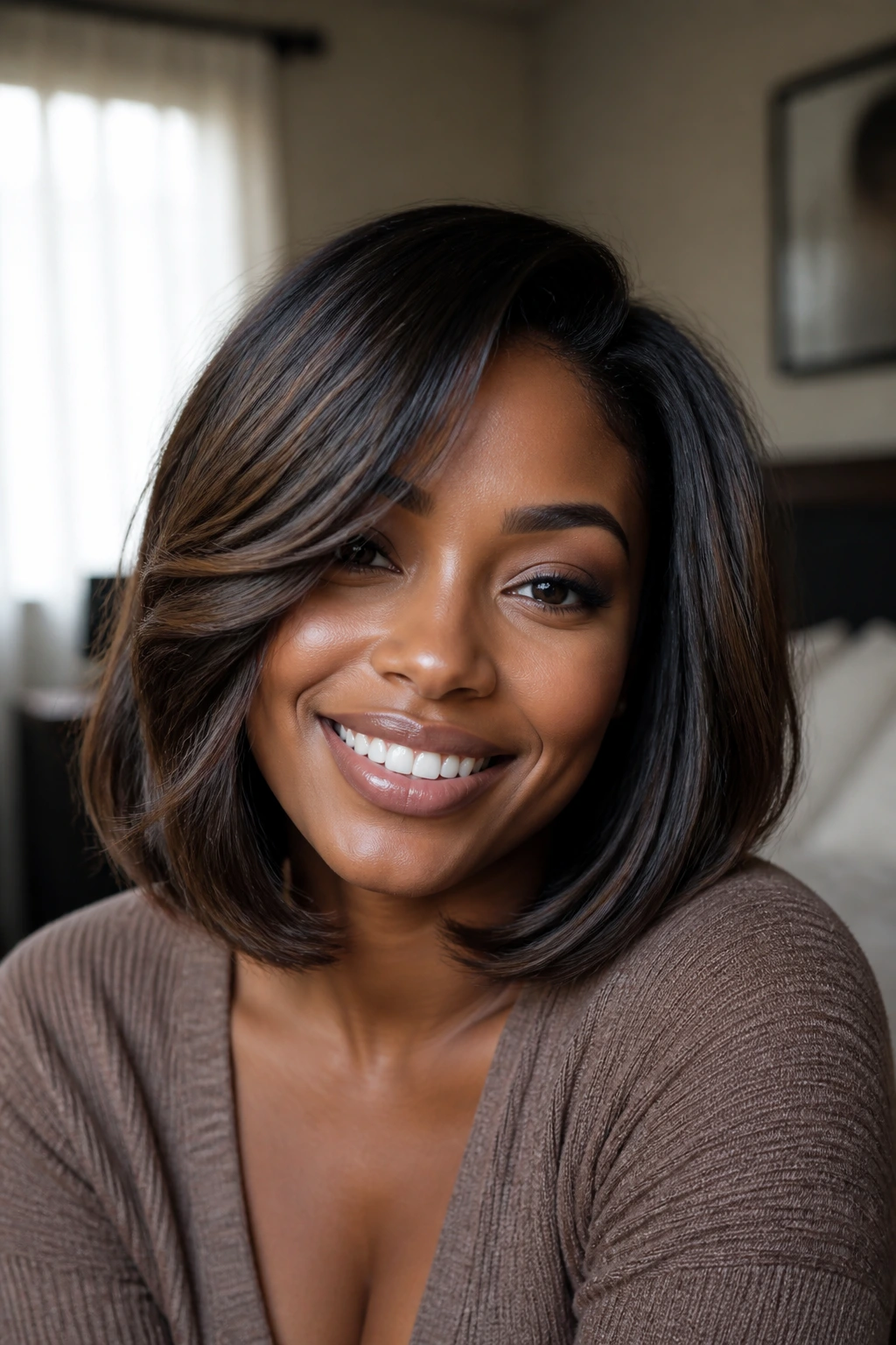 Real woman with full shoulder-length bob in natural light