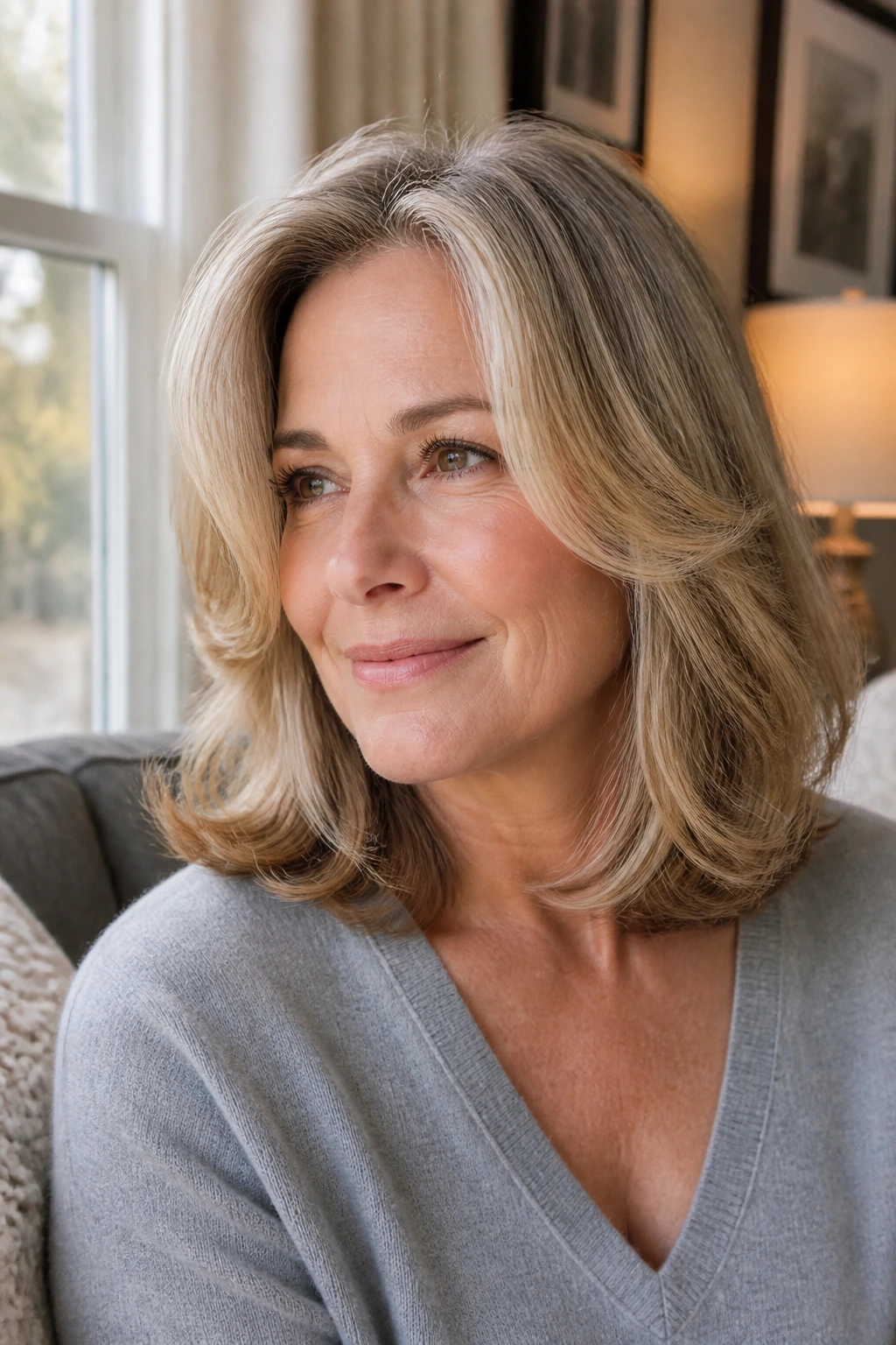 Real woman with shoulder-length cut and face-framing swoop