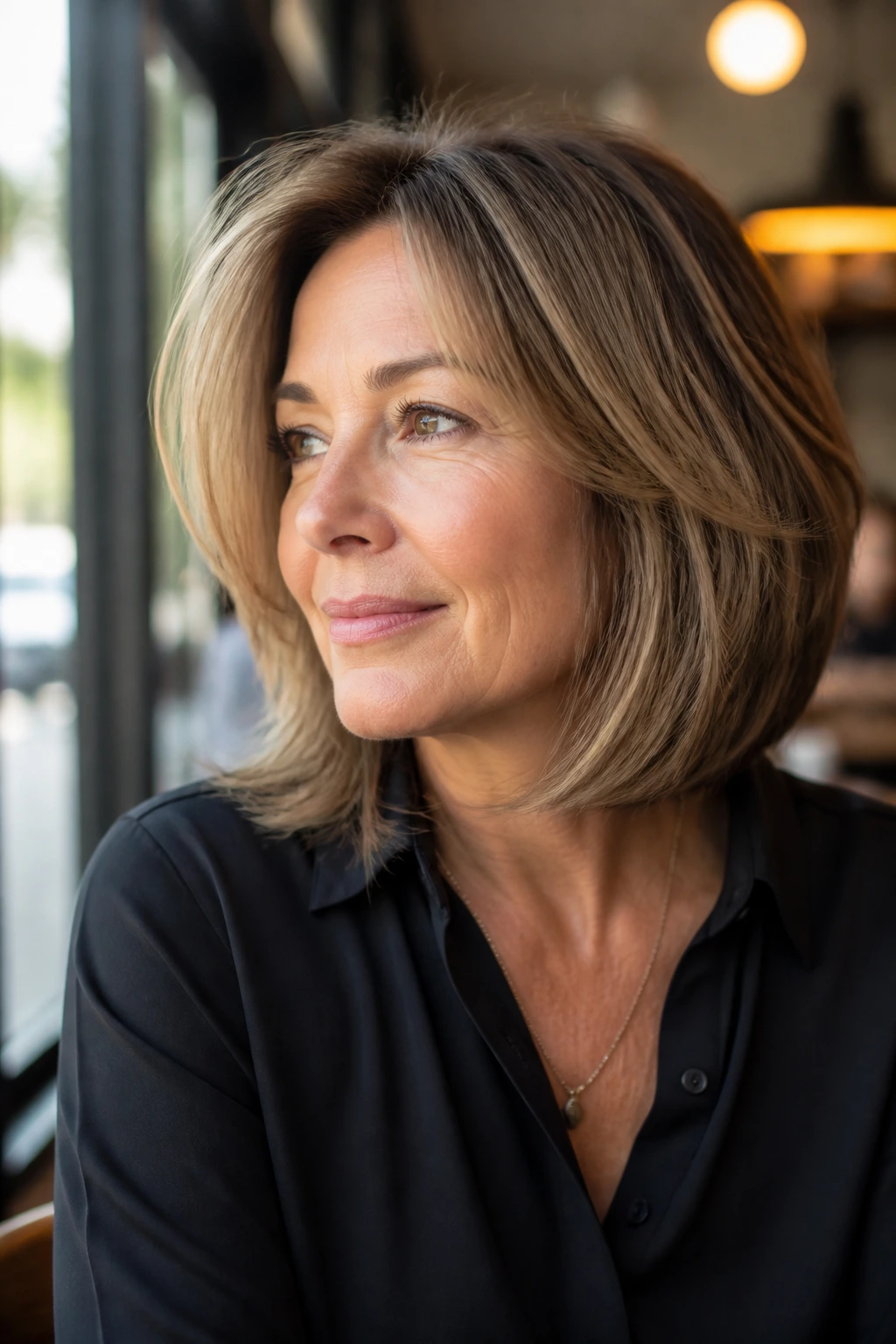 Portrait of a woman in her 50s with a shoulder-length bob in cafe window light