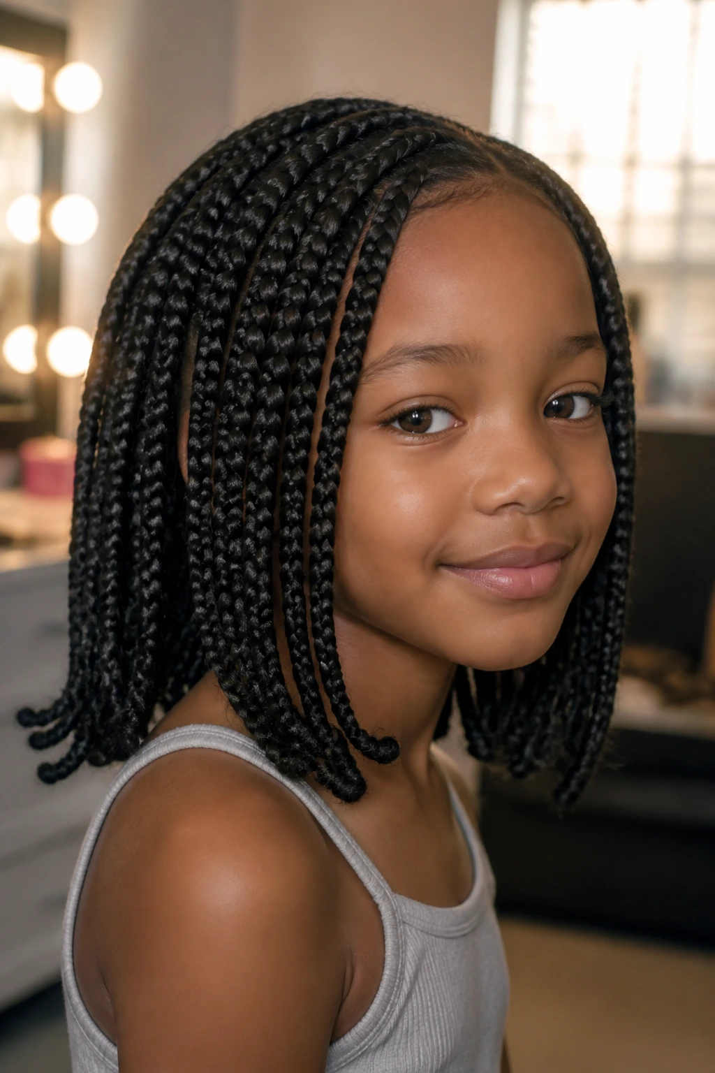 Close-up of a girl with a shoulder-length braided bob in warm indoor light.