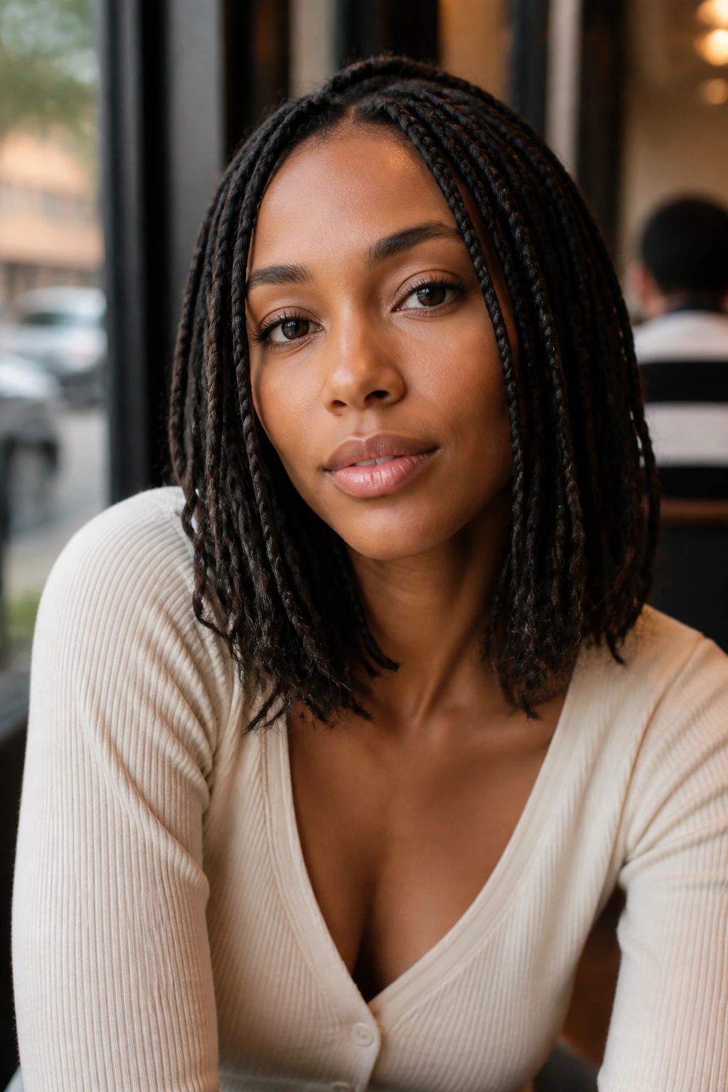 Close-up of real woman with shoulder-length braids