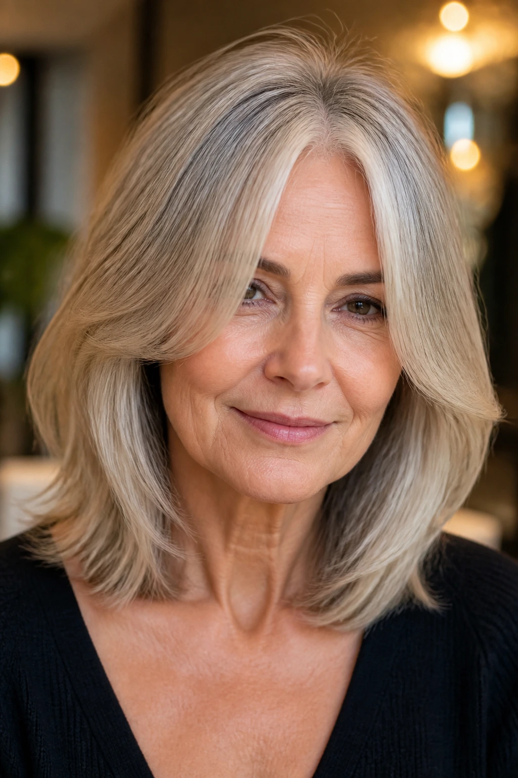 Close-up portrait of a real woman with a shoulder-length cut and deep center part