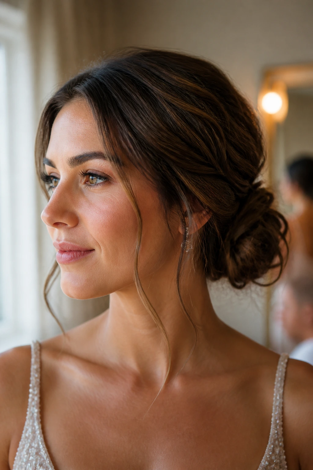 Close-up of a woman with a relaxed chignon and two slim tendrils at the hairline