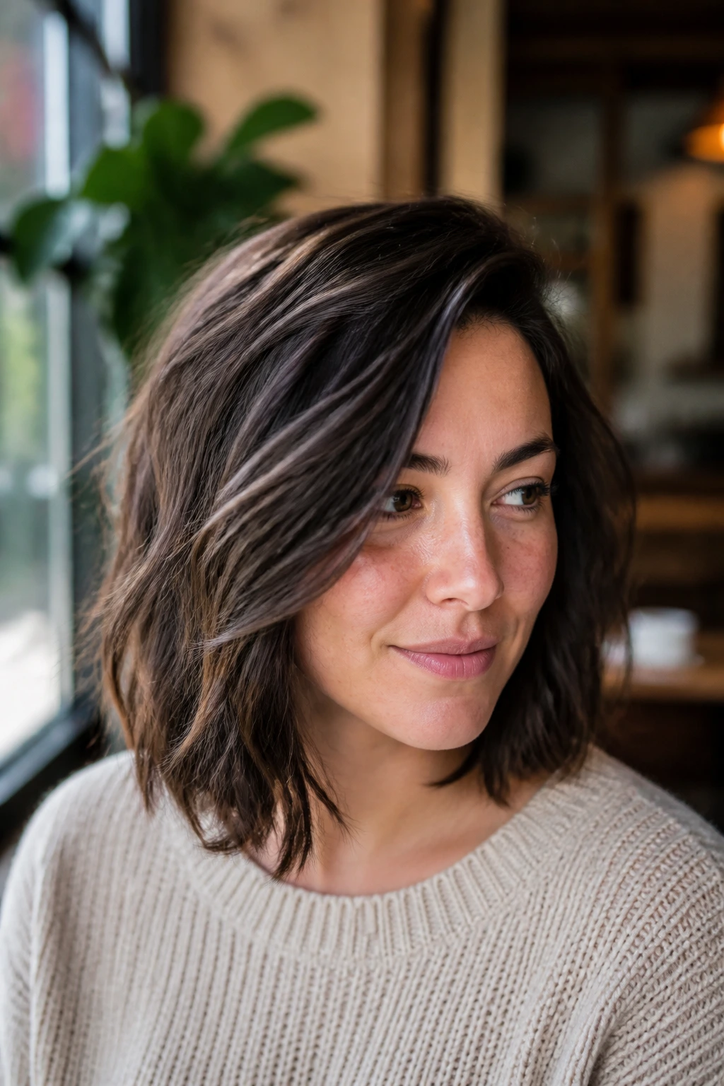 Close-up of a real woman with shoulder-length chop and deep side part.