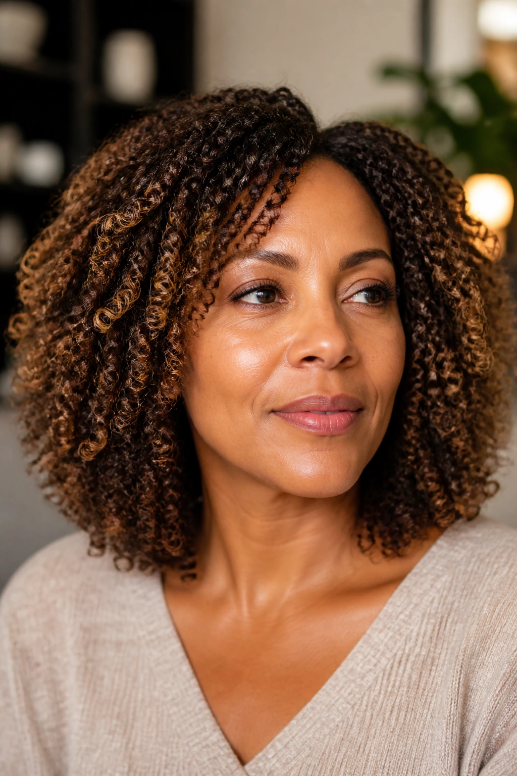 Close-up of shoulder-length curls with defined layers on a real woman