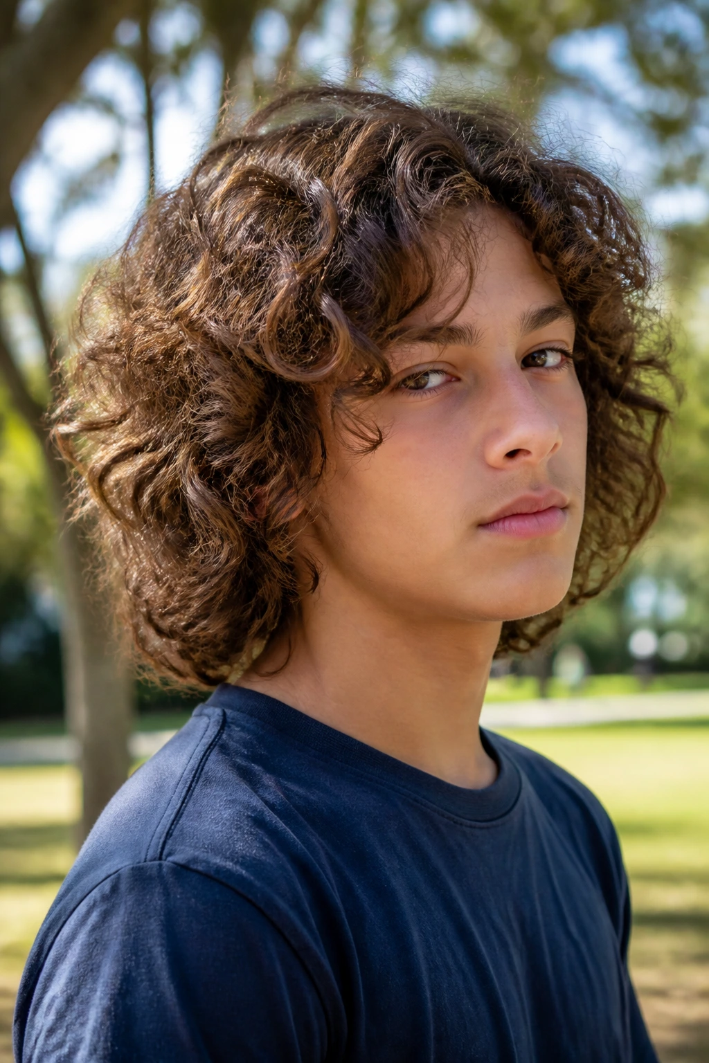 Boy with shoulder-length layered curls in a park setting