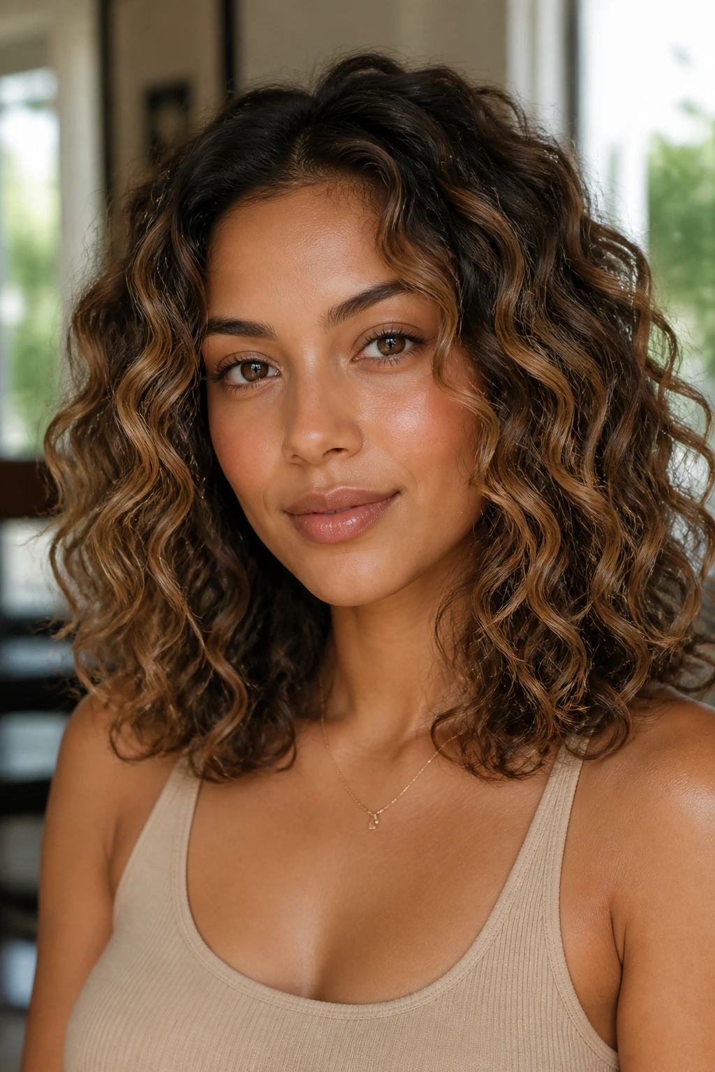 Close-up portrait of a real woman with shoulder-length curls and butterscotch highlights on medium skin tone