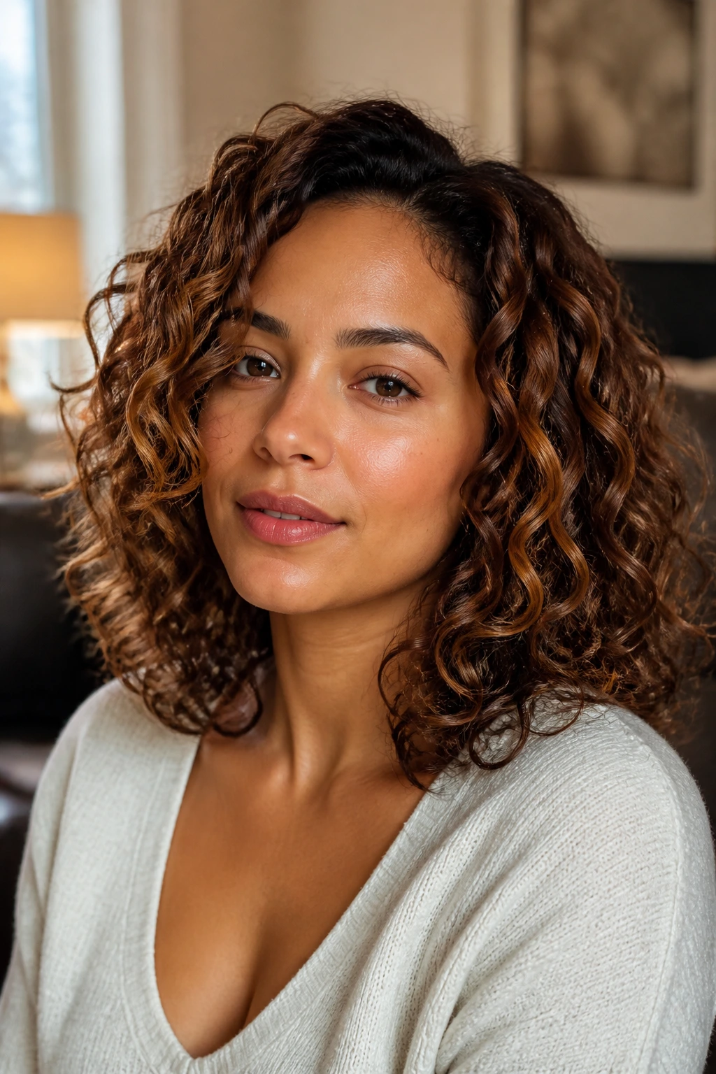 Real woman with shoulder-length cinnamon-caramel curls in warm window light