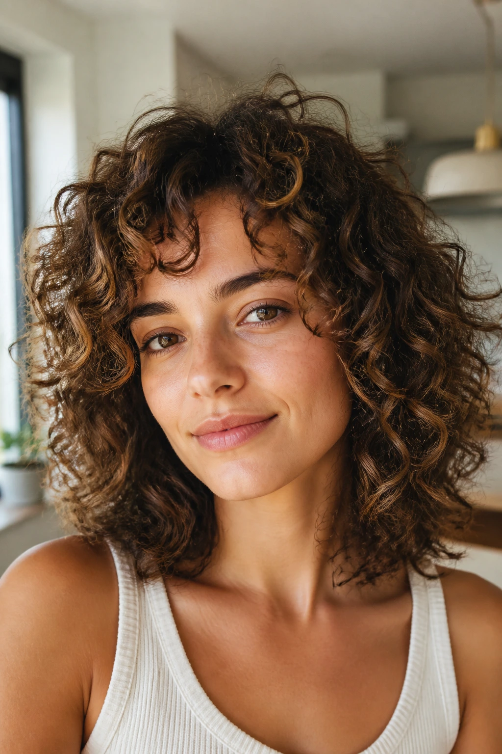 Close-up of a real woman with shoulder-length curls and diffused volume