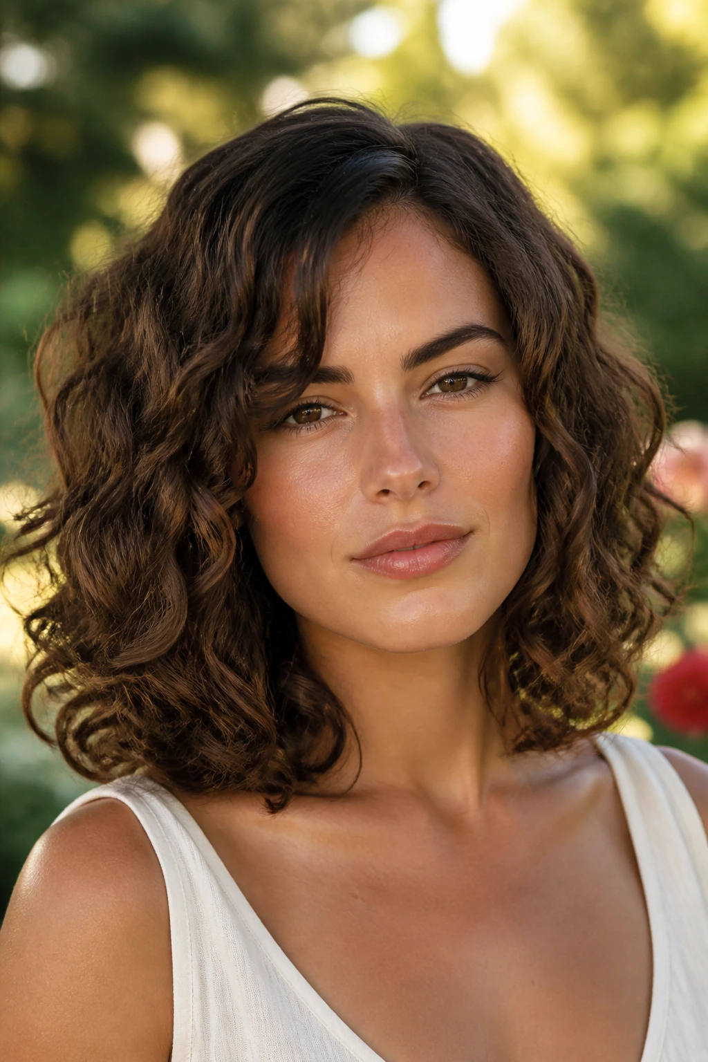 Close-up of a woman with shoulder-length curls and diffused volume in golden hour light