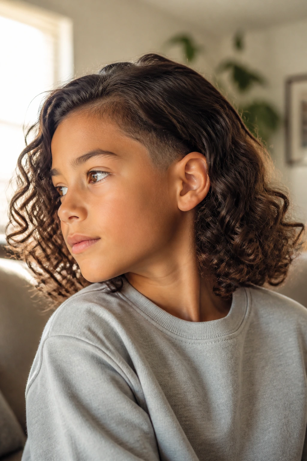 Close-up portrait of a boy with shoulder-length curls and a low taper fade