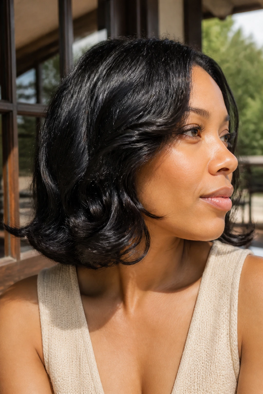 Close-up of a real woman with shoulder-length wand curls and flipped ends