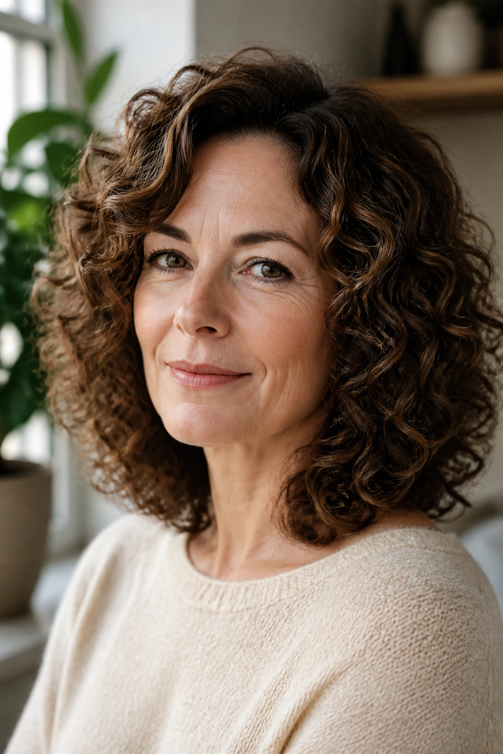Close-up of a real woman with shoulder-length curls shaped from the inside out