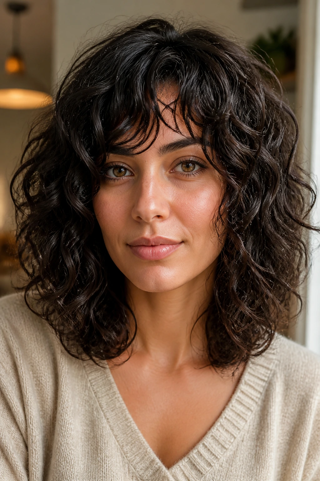 Close-up of a real woman with shoulder-length layered curls.