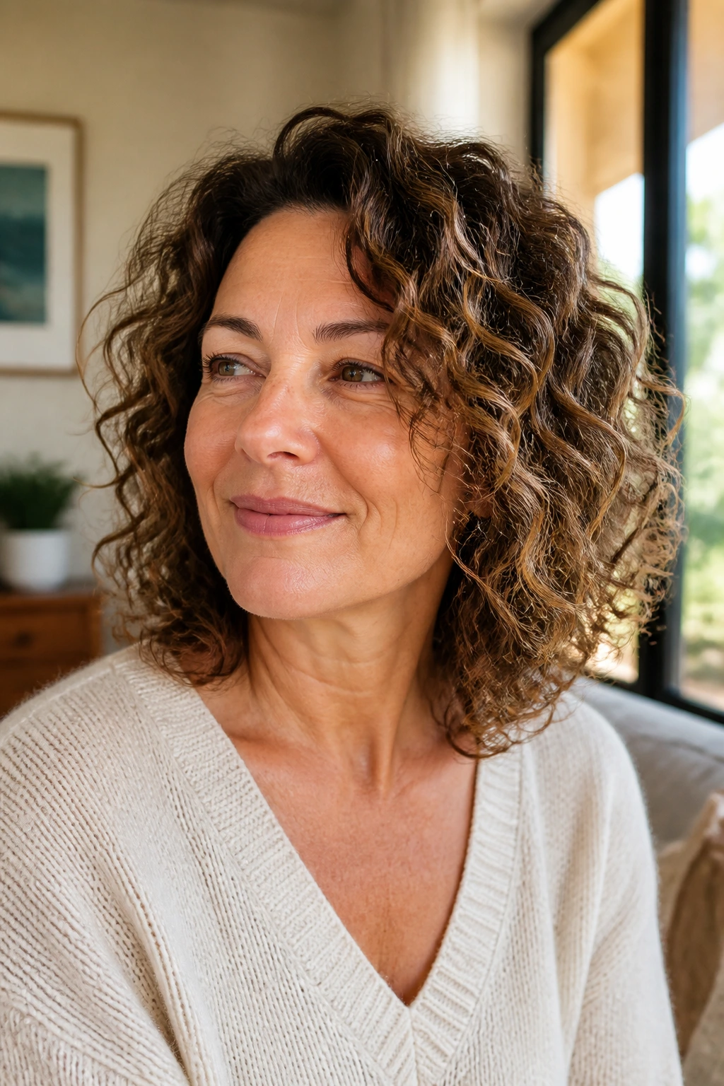 Shoulder-length curls with soft layering on a real person in a sunlit room