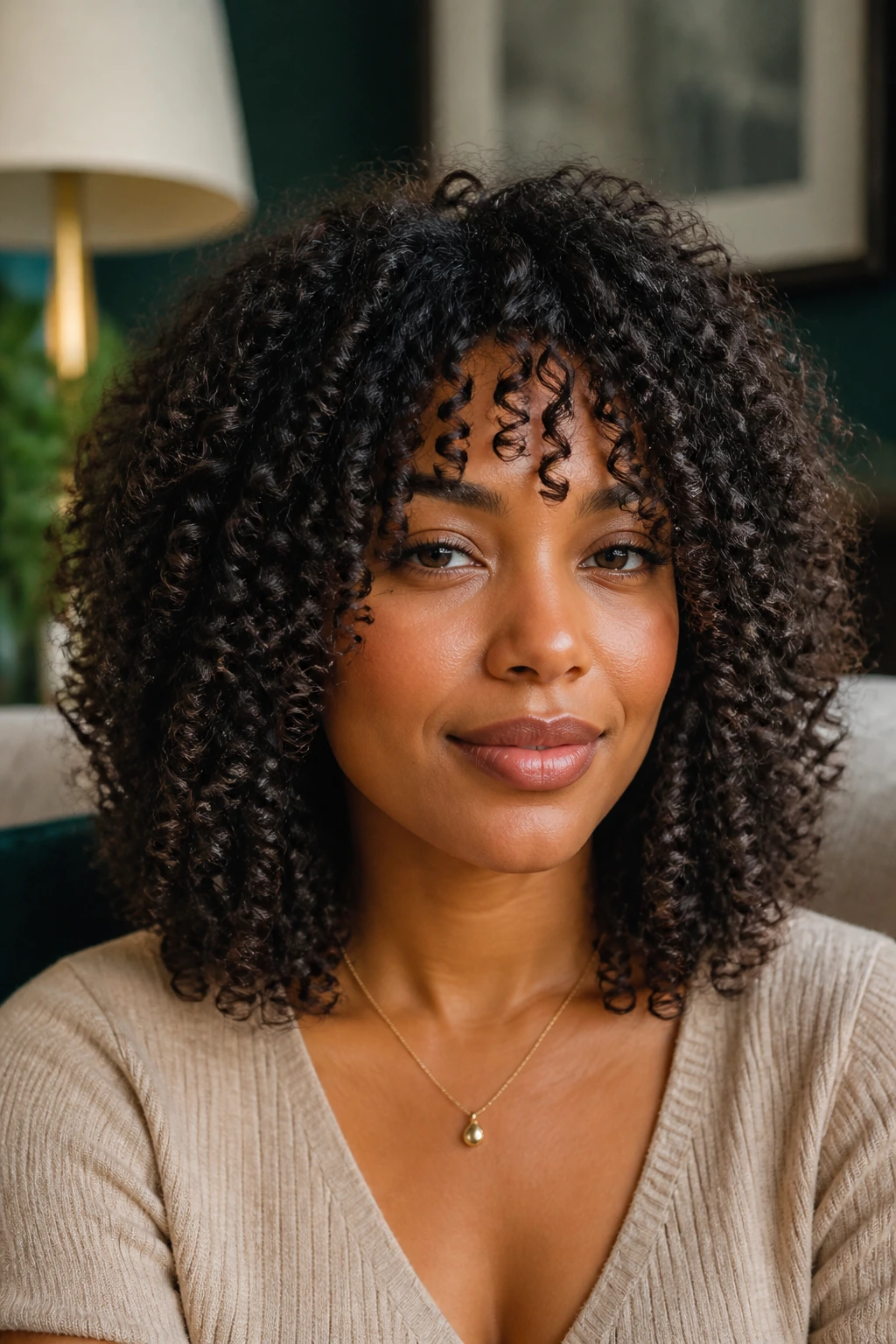 Shoulder-length curls with internal layering on a real person.