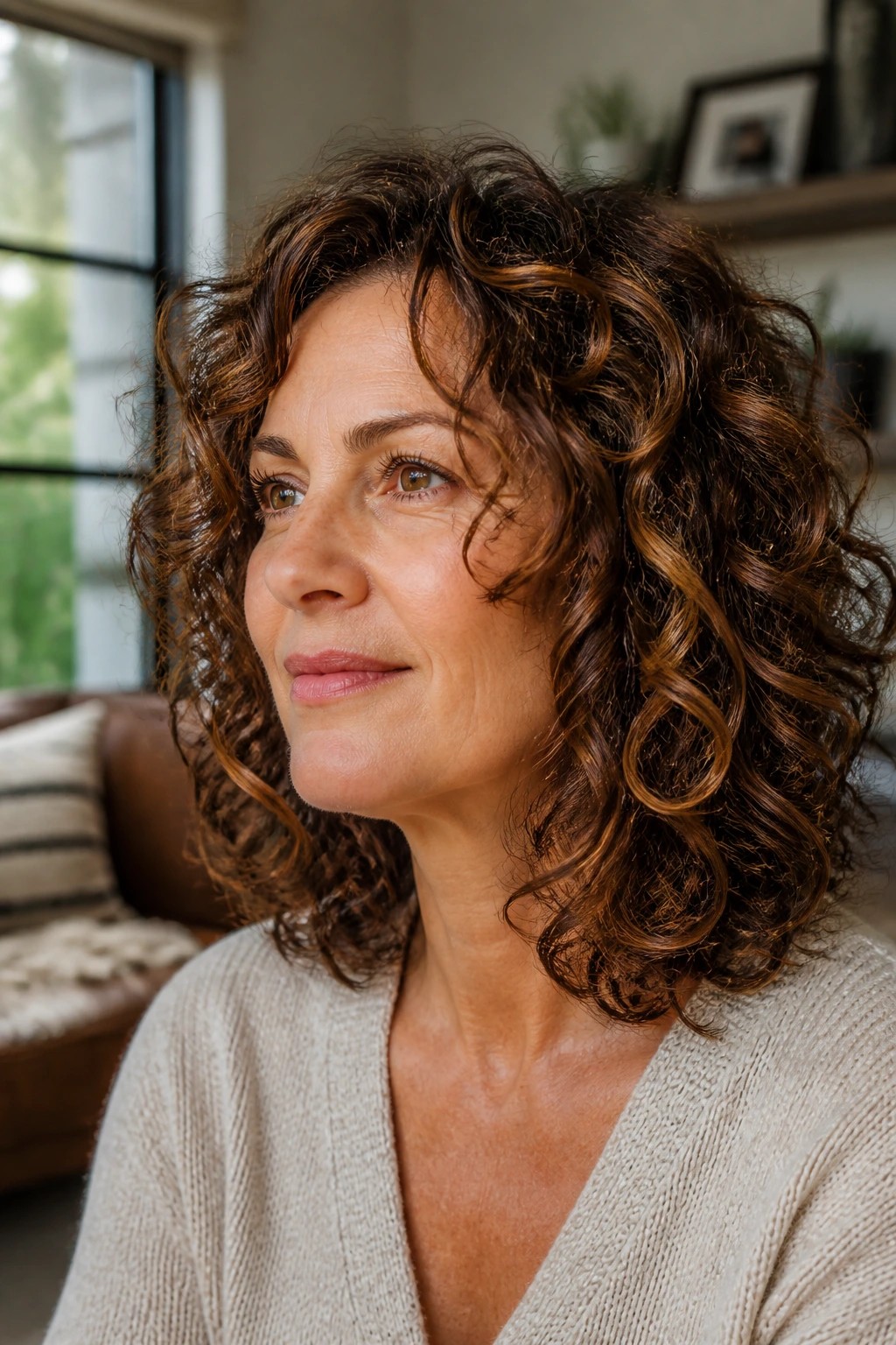 Close-up of shoulder-length curly hair with visible layers on a real person