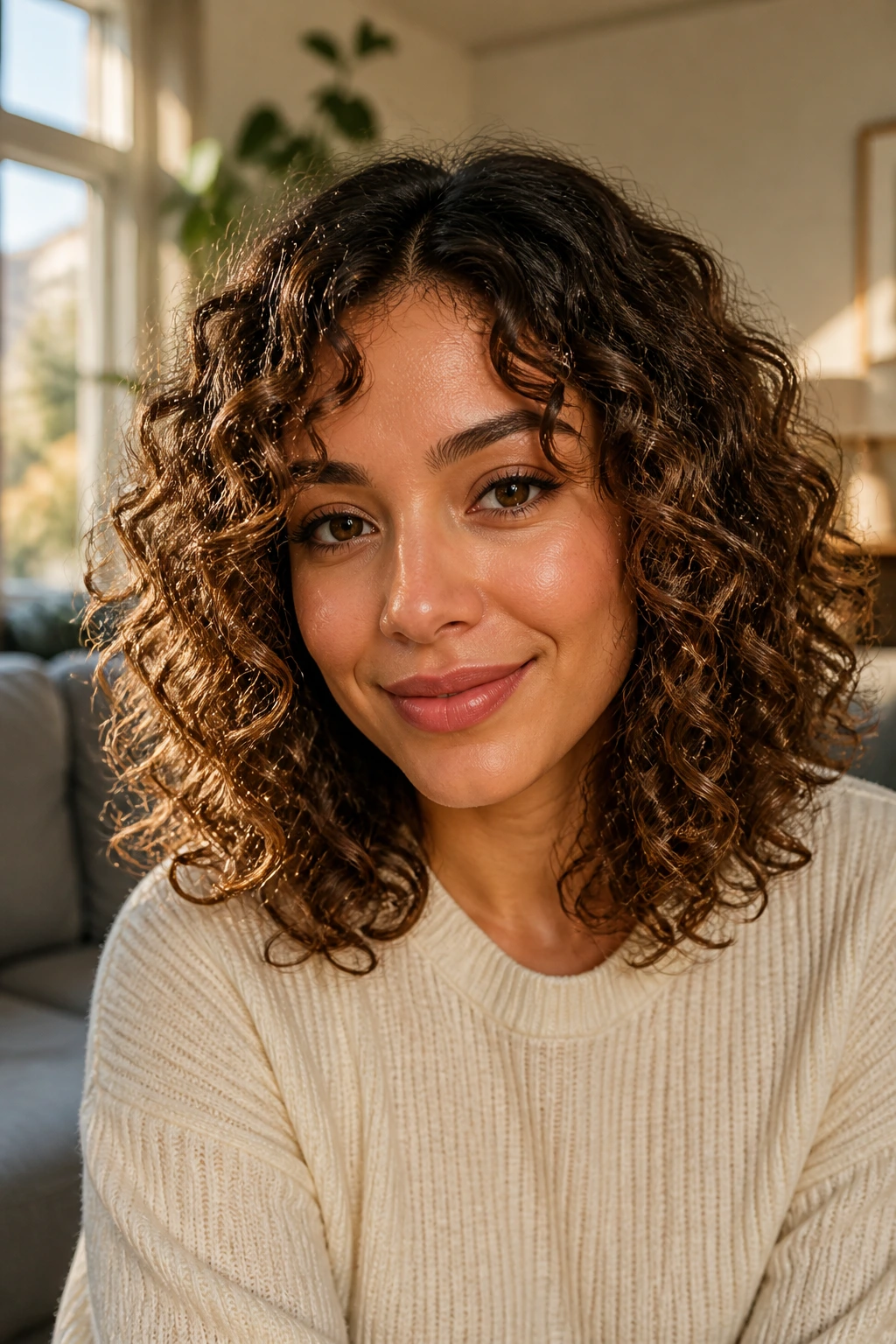 Close-up portrait of shoulder-length curls on a real person in warm window light