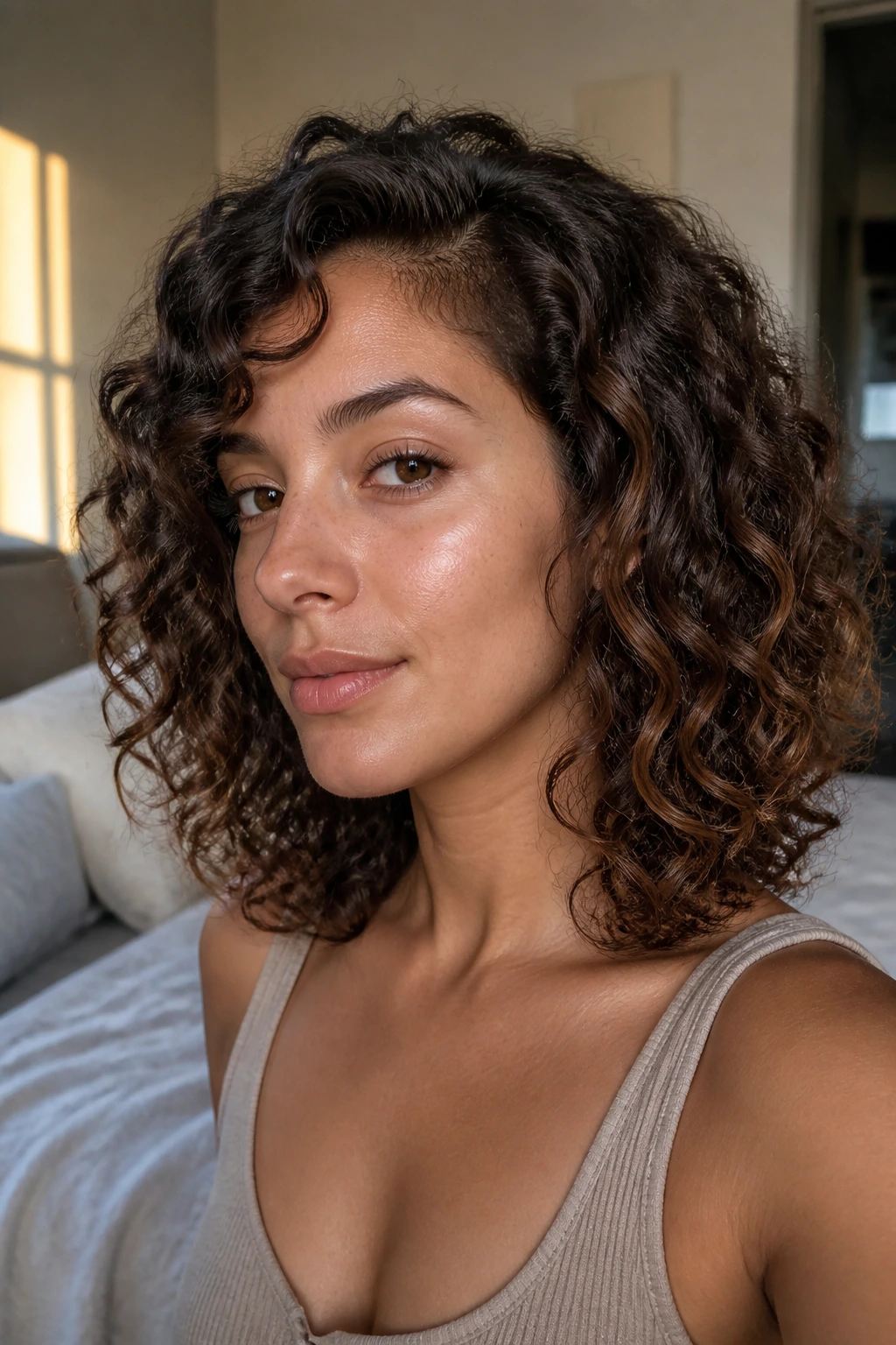 Close-up of shoulder-length curls framing the face on a real person.