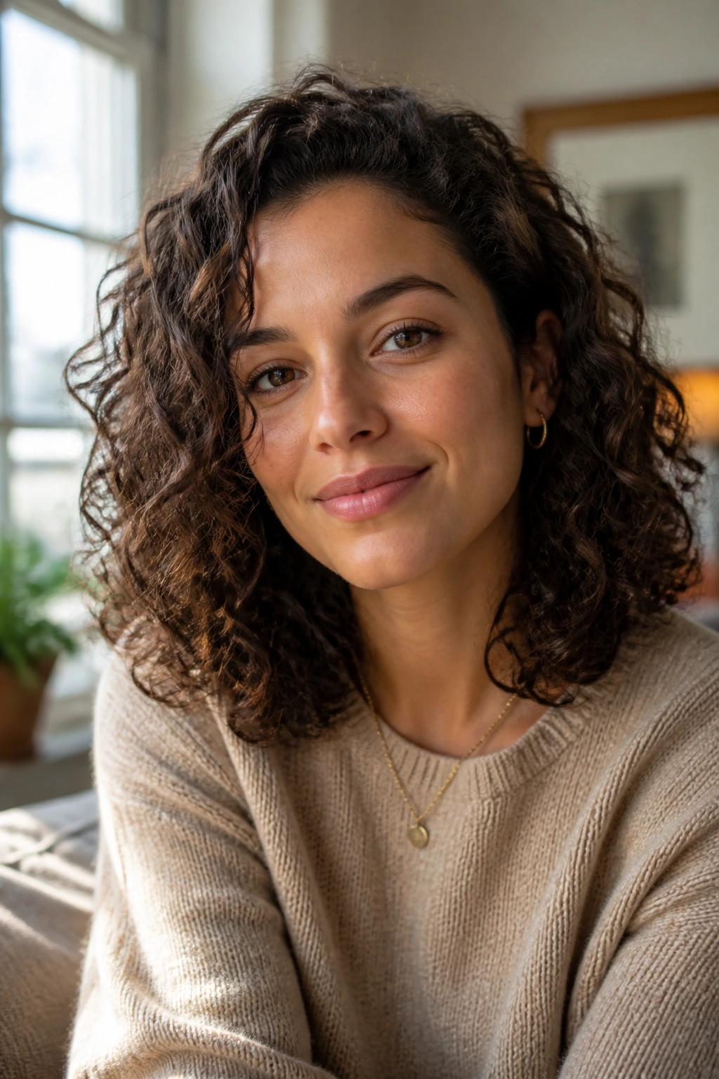 Close-up of a real woman with glossy shoulder-length curls in natural daylight.