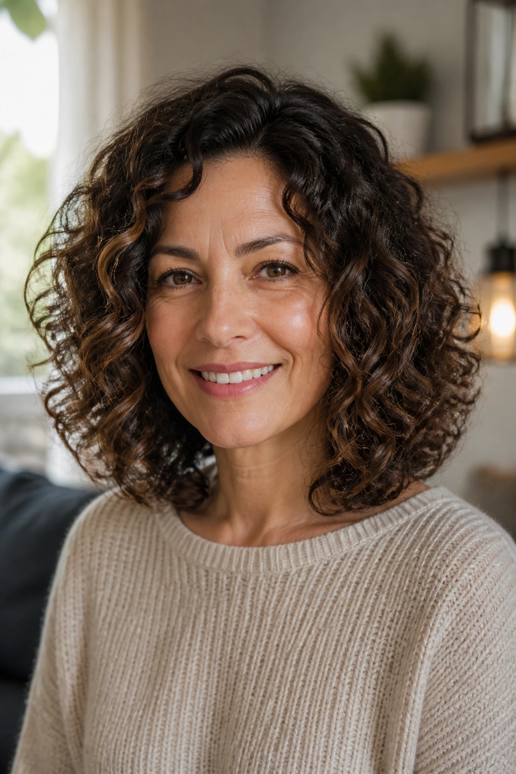 Close-up of a real woman with shoulder-length curls in a rounded silhouette