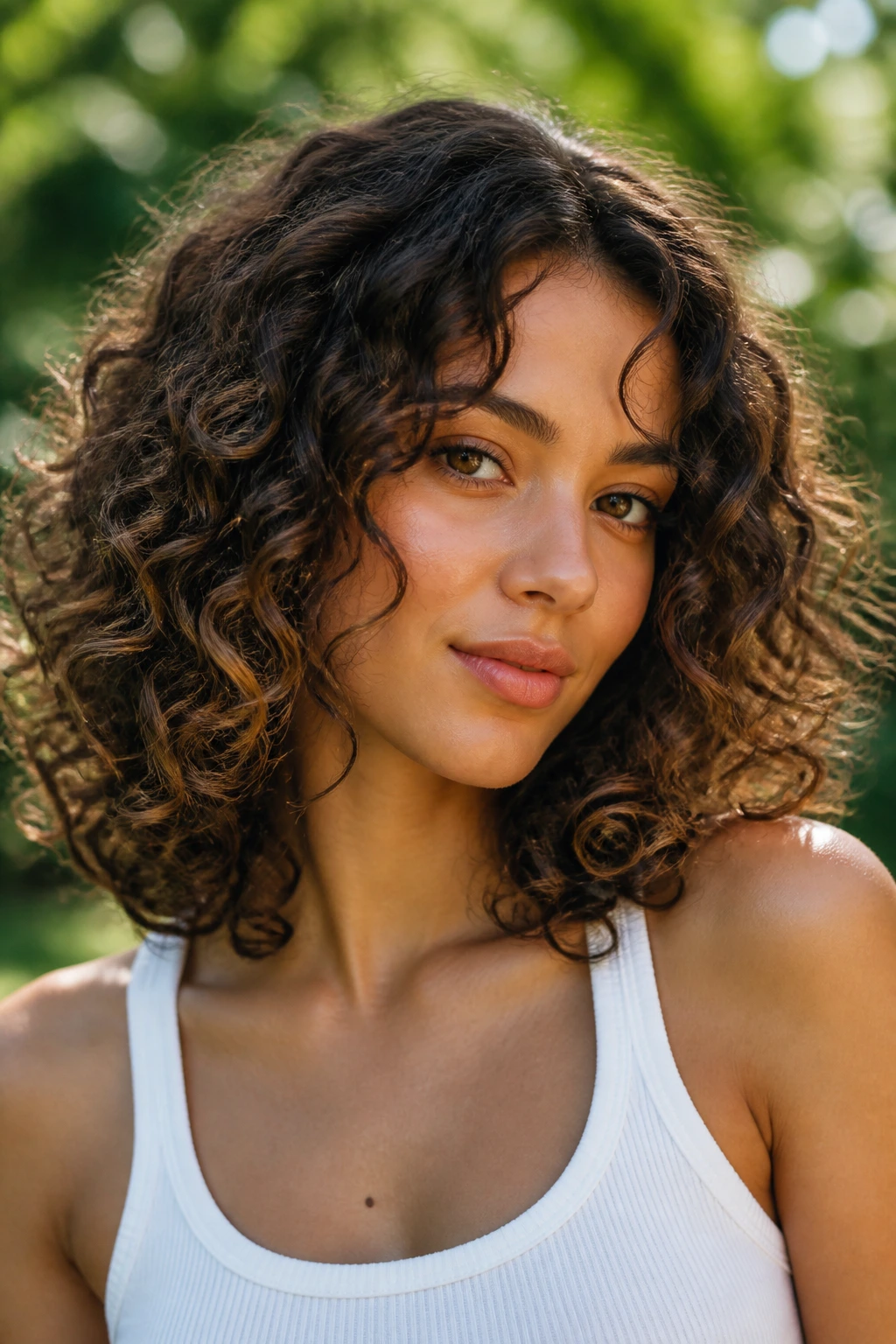 Close-up of versatile shoulder-length curls in natural outdoor light