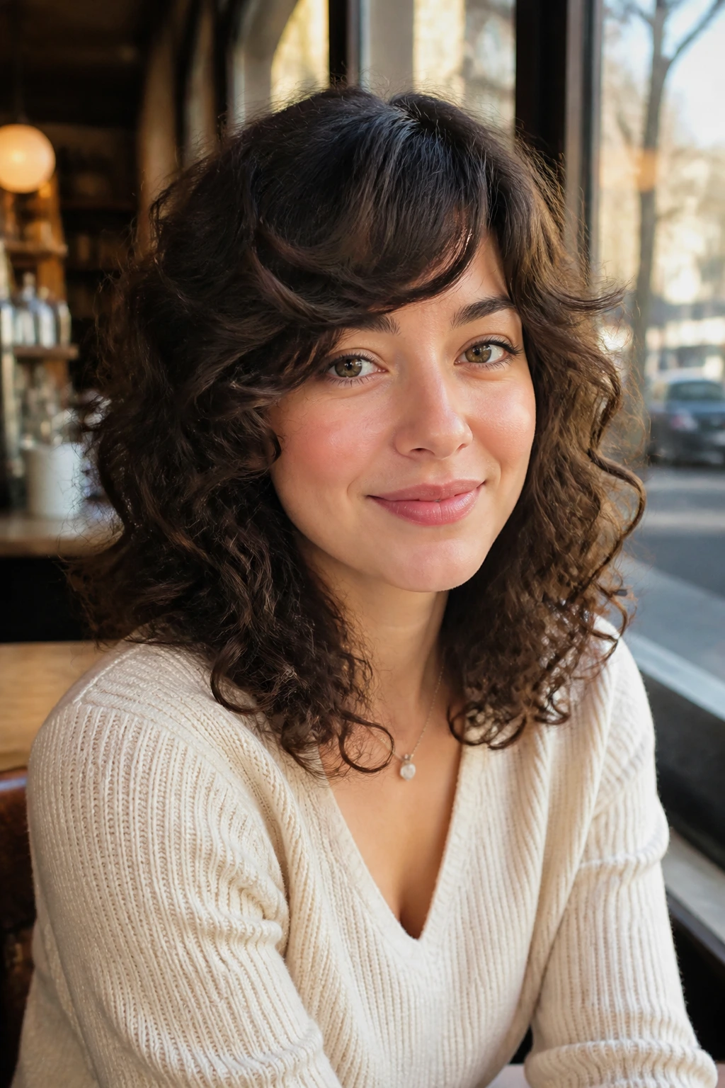 Portrait of a woman with shoulder-length curls and a side-swept fringe on a heart-shaped face.