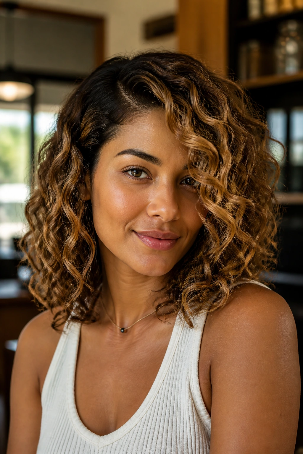 Close-up of a real person with shoulder-length curls and a deep side part with caramel face-framing pieces
