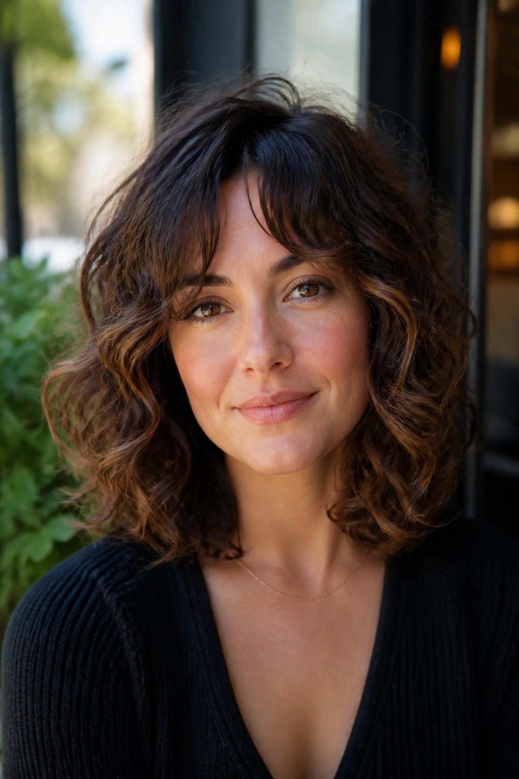 Woman with shoulder-length loose curls showcasing swingy frame in natural light