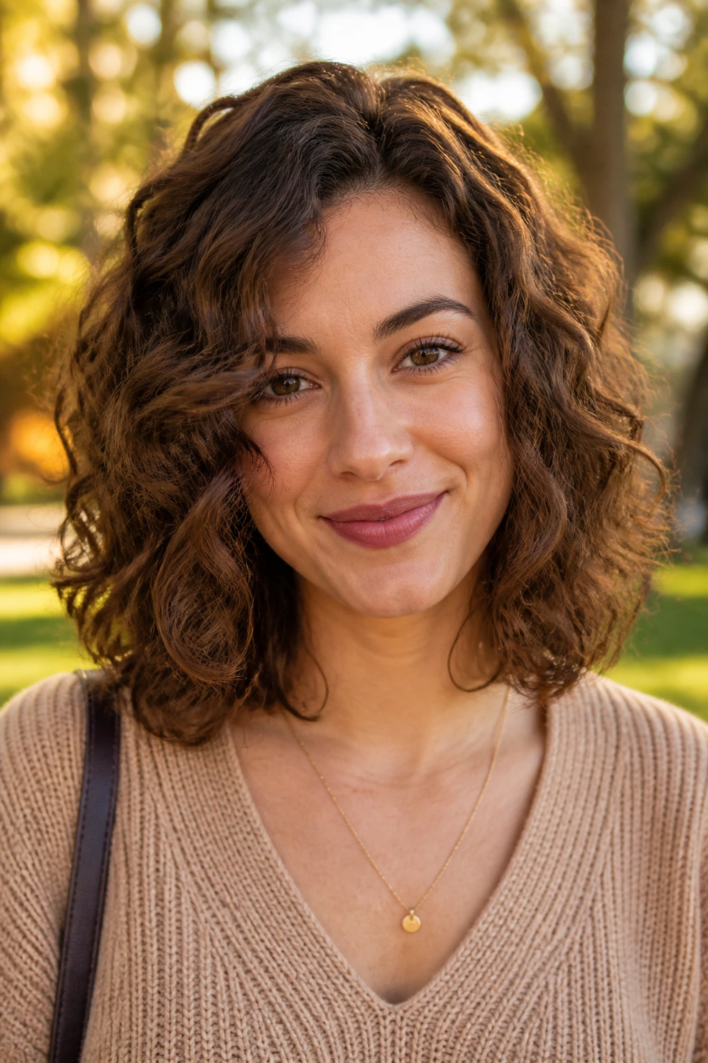 Close-up of real woman with sculpted shoulder-length curls and tapered ends
