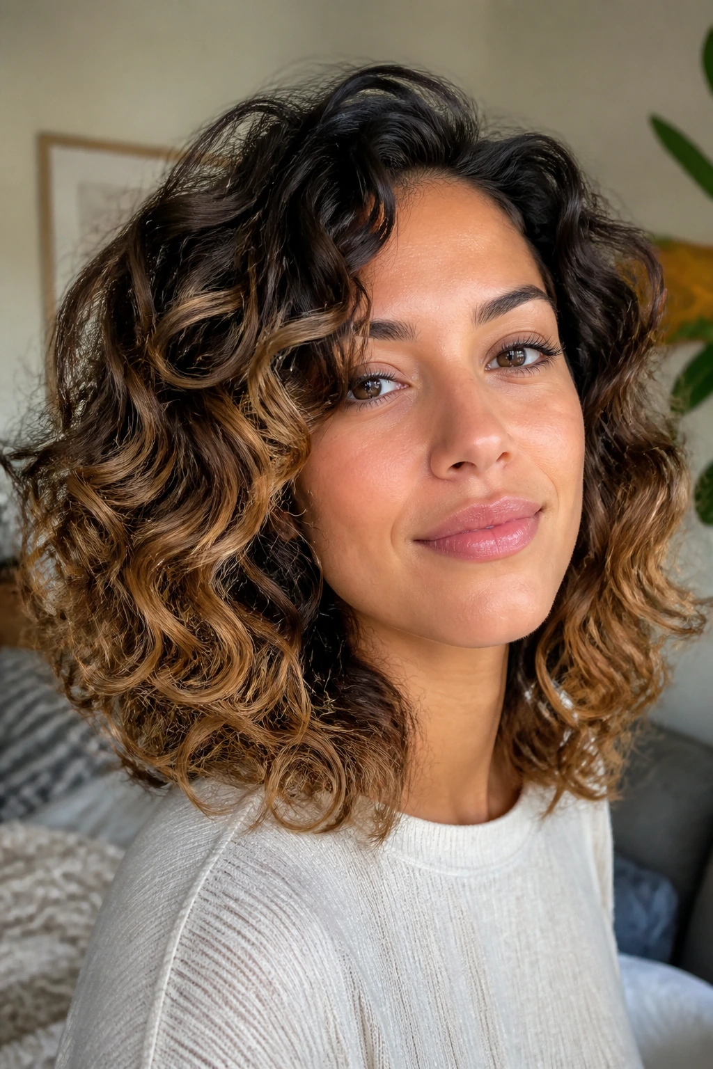 Rounded shoulder-length curls with toffee ends on real woman
