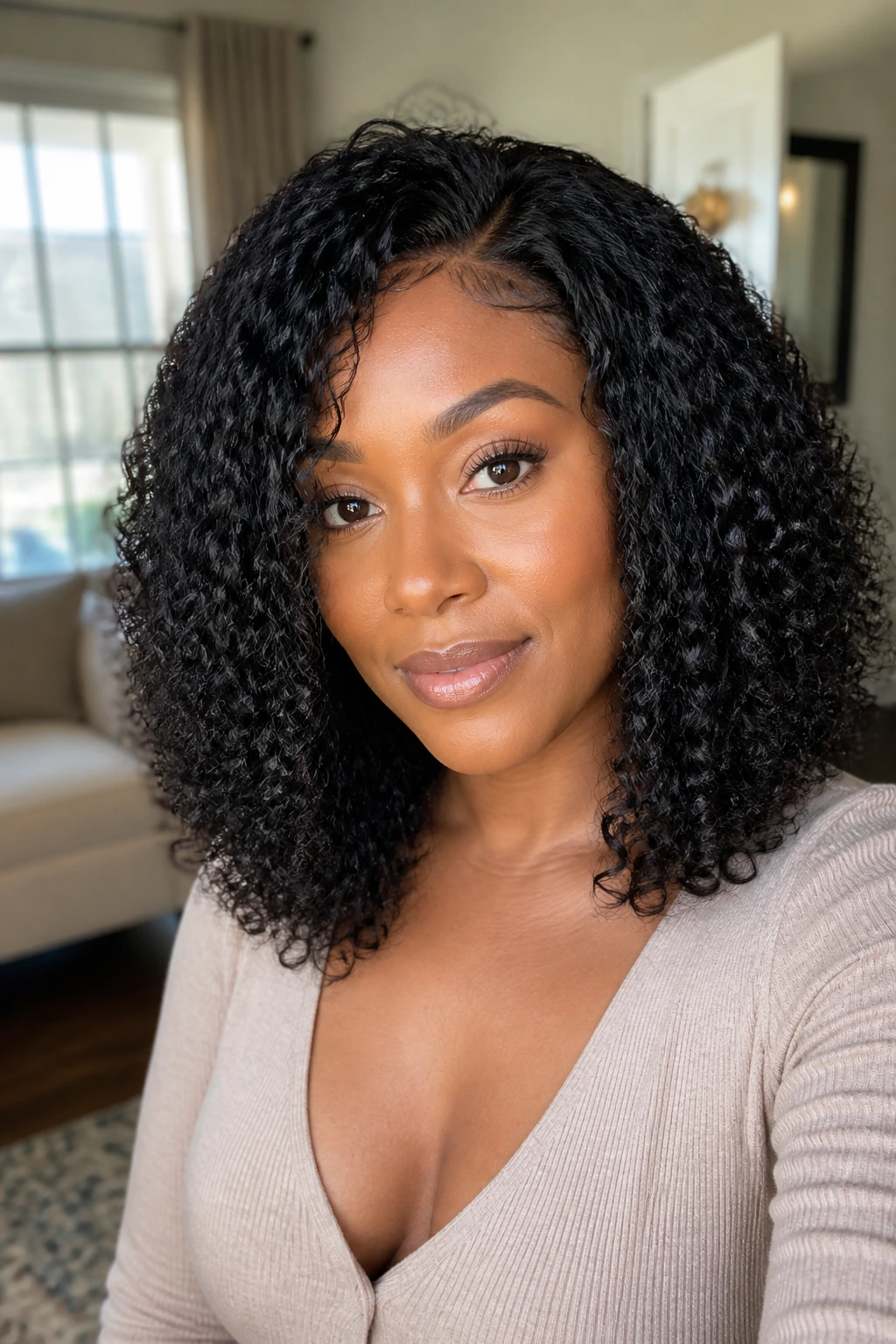 Close-up of a real woman wearing shoulder-length curly wig