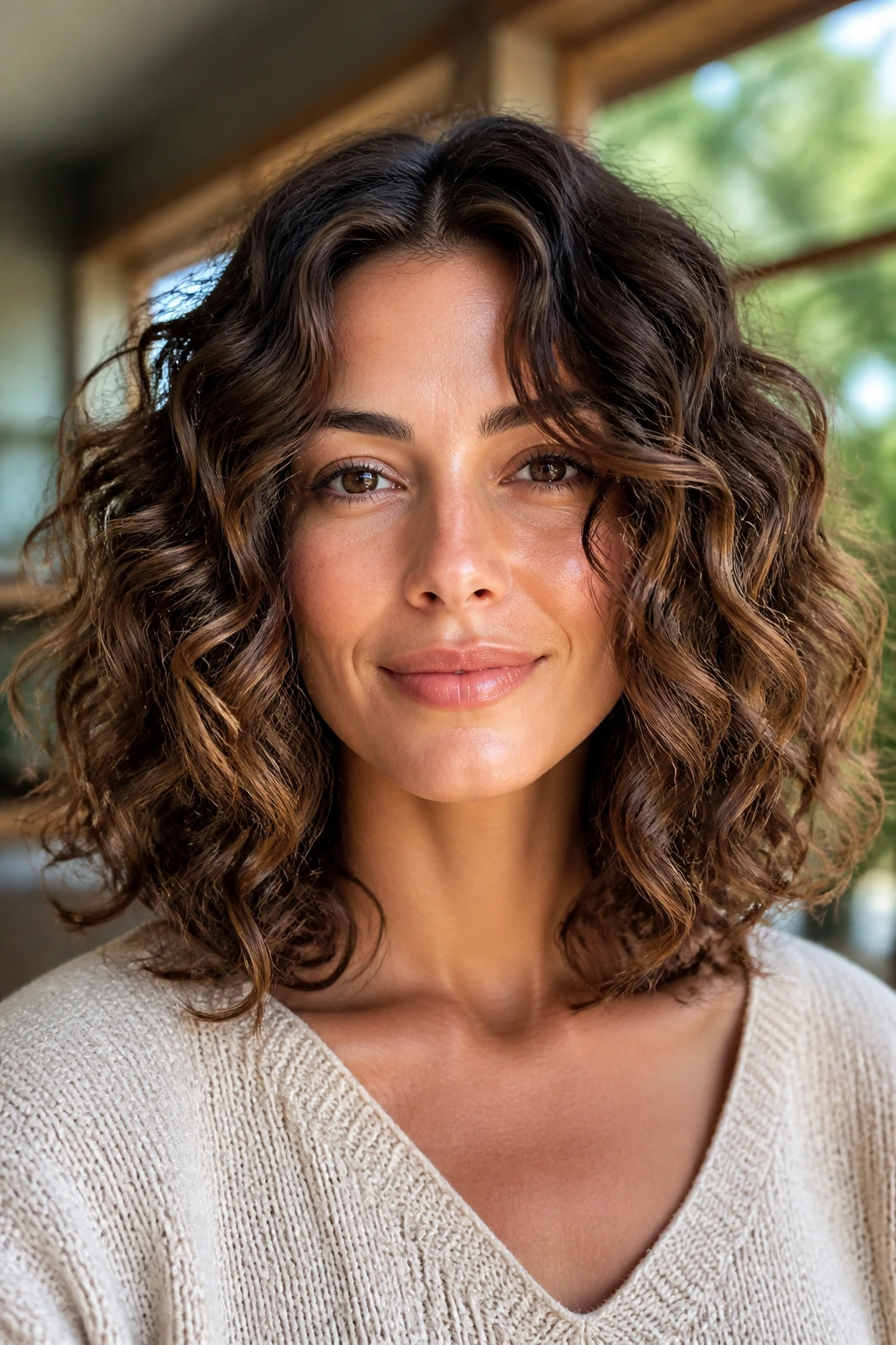 Shoulder-length curly lob with soft cocoa lowlights on real person