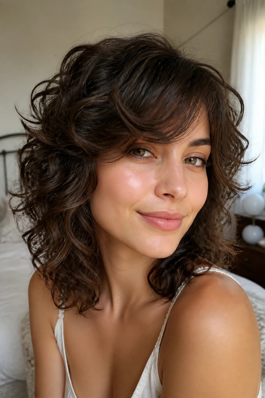 Close-up portrait of shoulder-length curly shag with feathered side bangs