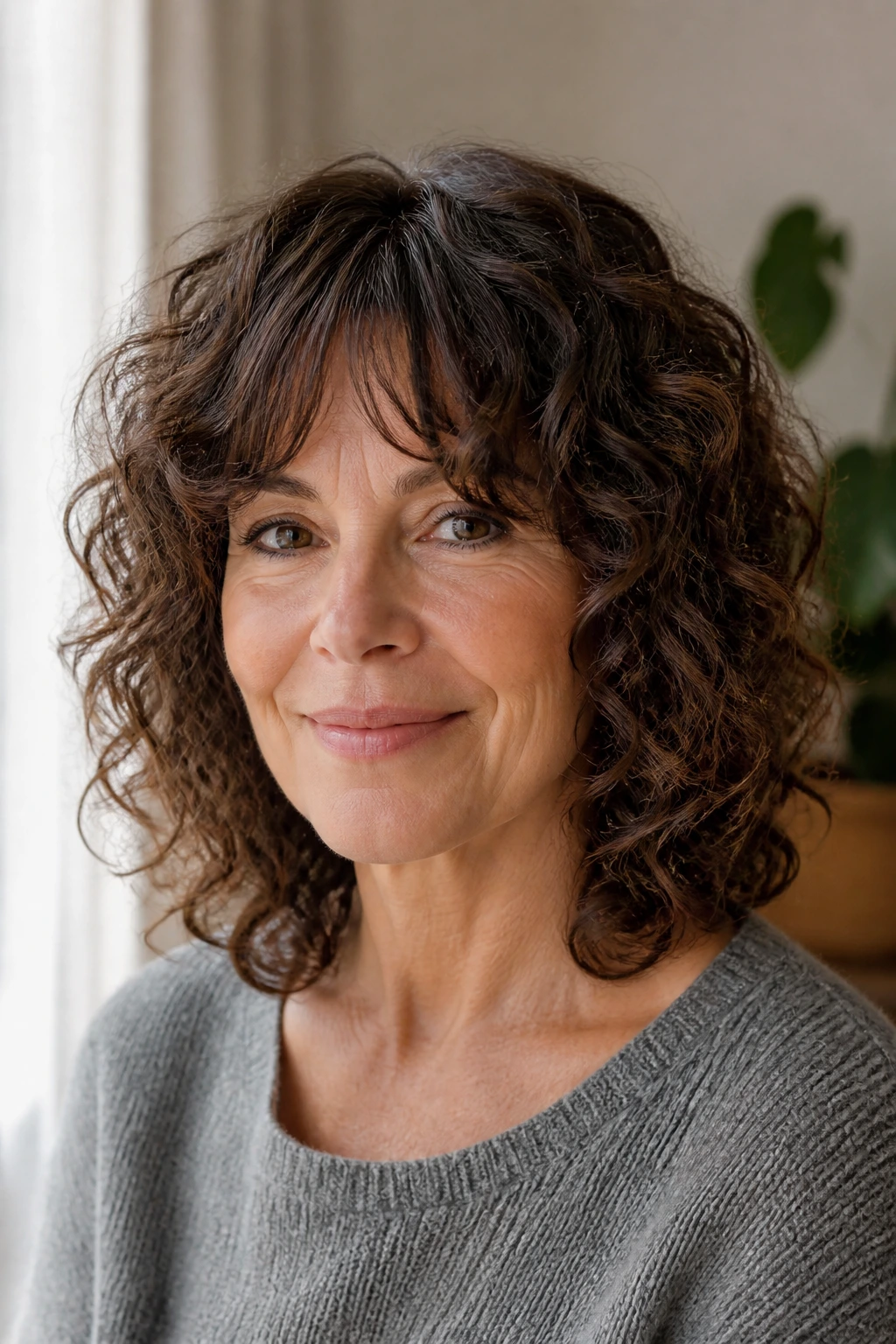 Close-up of a real woman with shoulder-length curly shag and curtain bangs