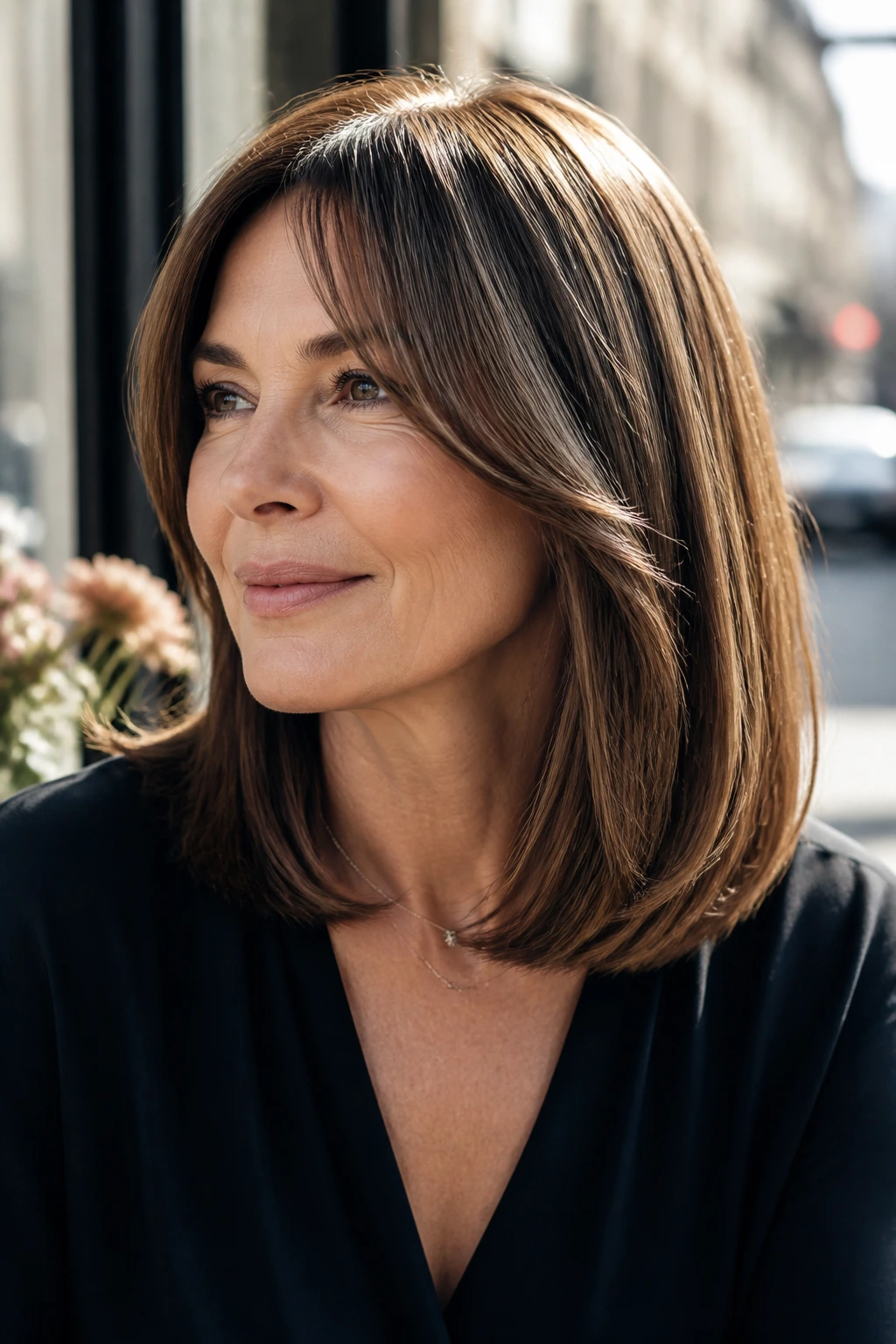 Real woman with sleek shoulder-length cut and curtain bangs at a cafe window