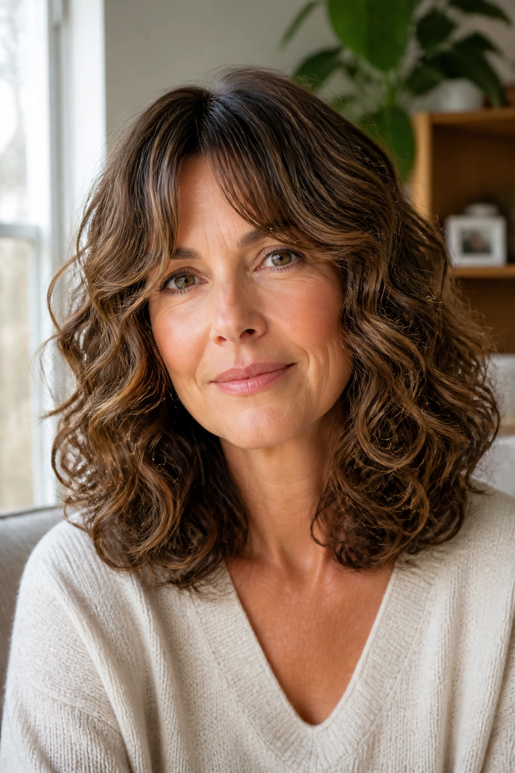 Close-up of a real woman with shoulder-length curls and curtain bangs