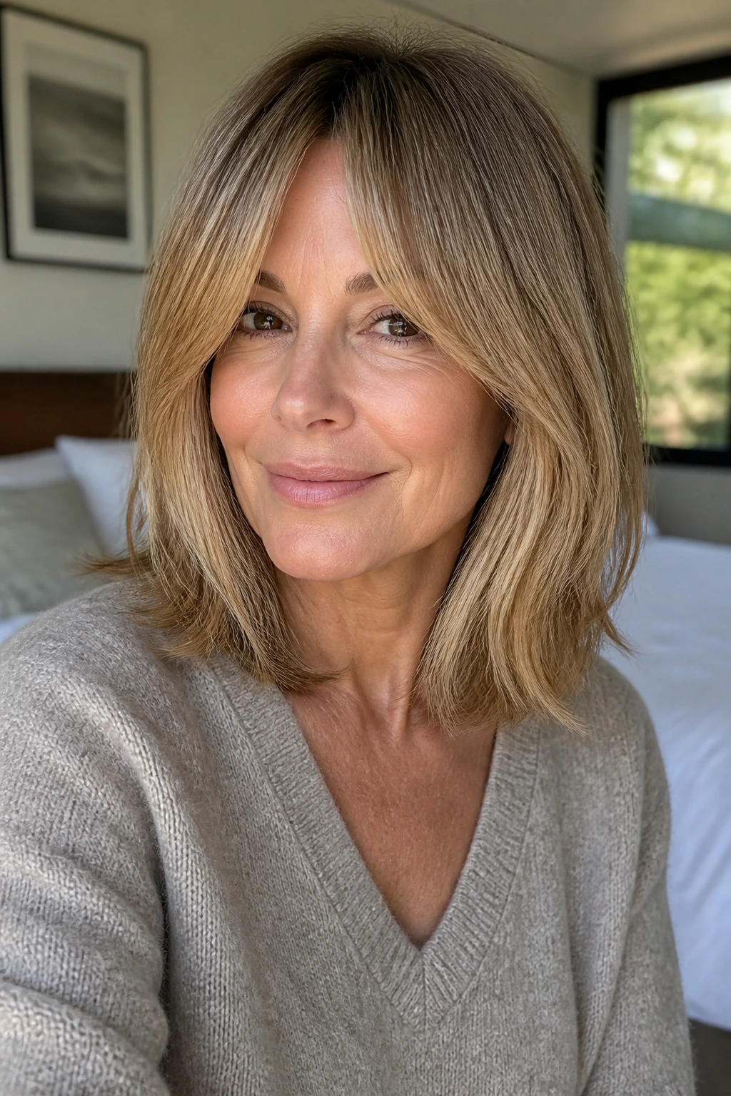 Portrait of woman with shoulder-length hair and curtain bangs