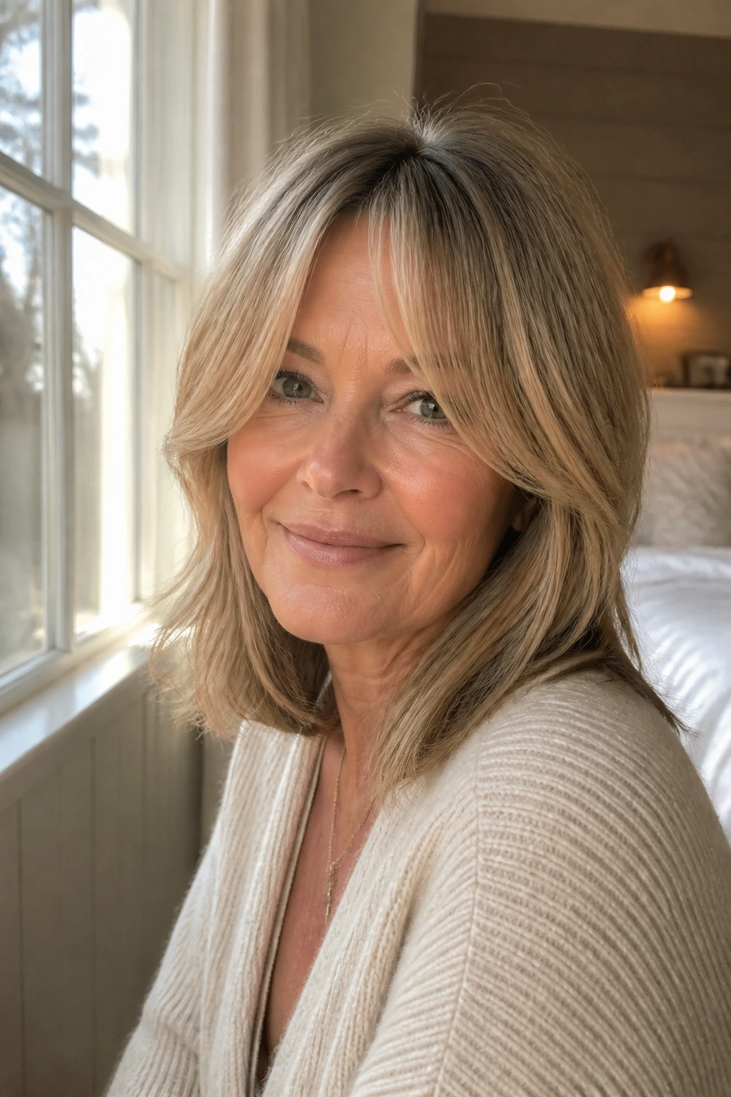 Close-up portrait of a real woman with shoulder-length hair and curtain bangs brushing the cheeks.