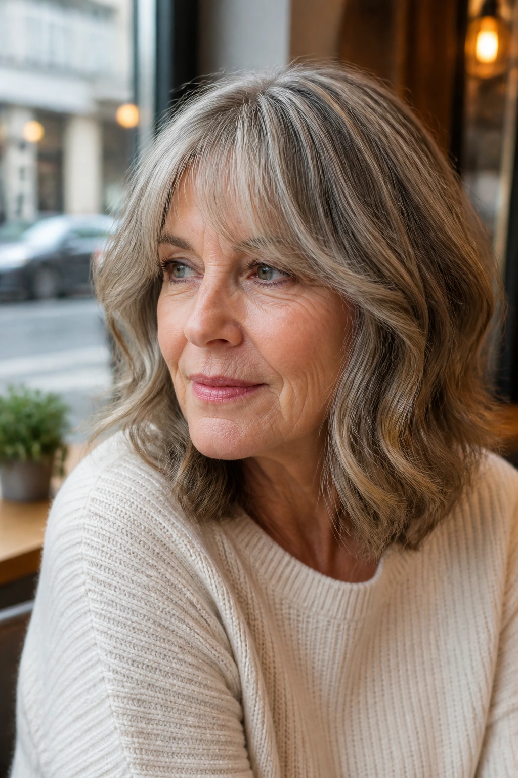 Close-up of a real woman with shoulder-length waves and wispy curtain bangs