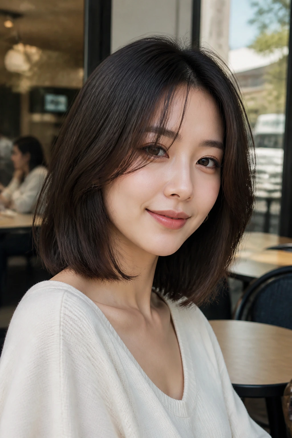 Portrait of a real woman showing shoulder-length curtain bob and its balanced shape outdoors.