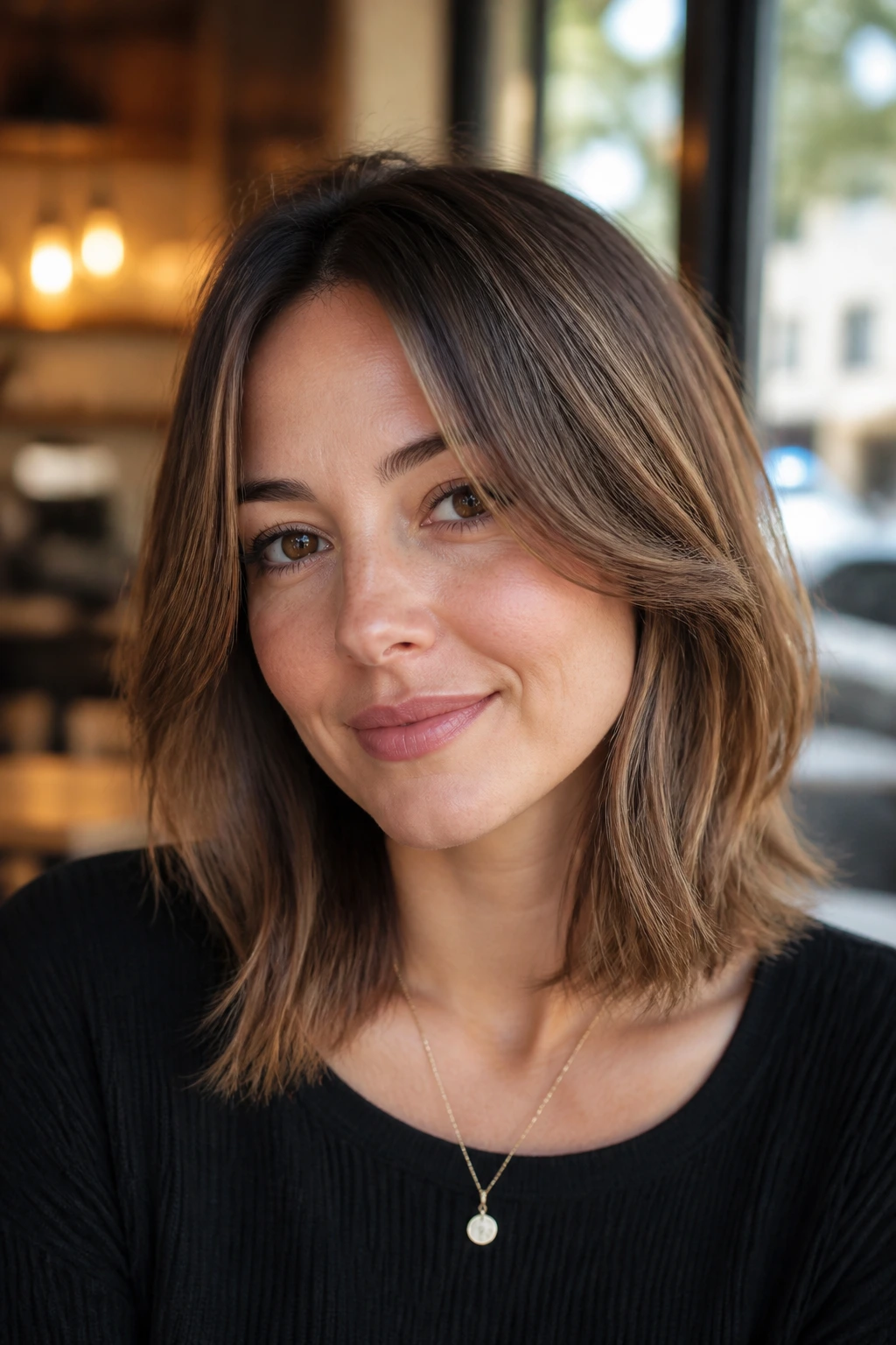 Real woman with shoulder-length cut and face-framing pieces in warm cafe light.