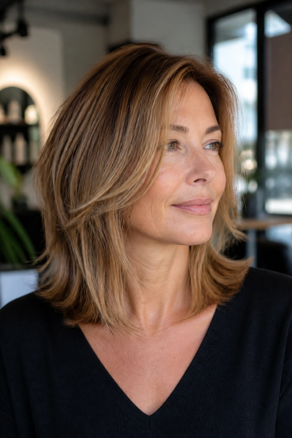 Portrait of a real woman with a shoulder-length layered cut, showing silhouette and face framing.