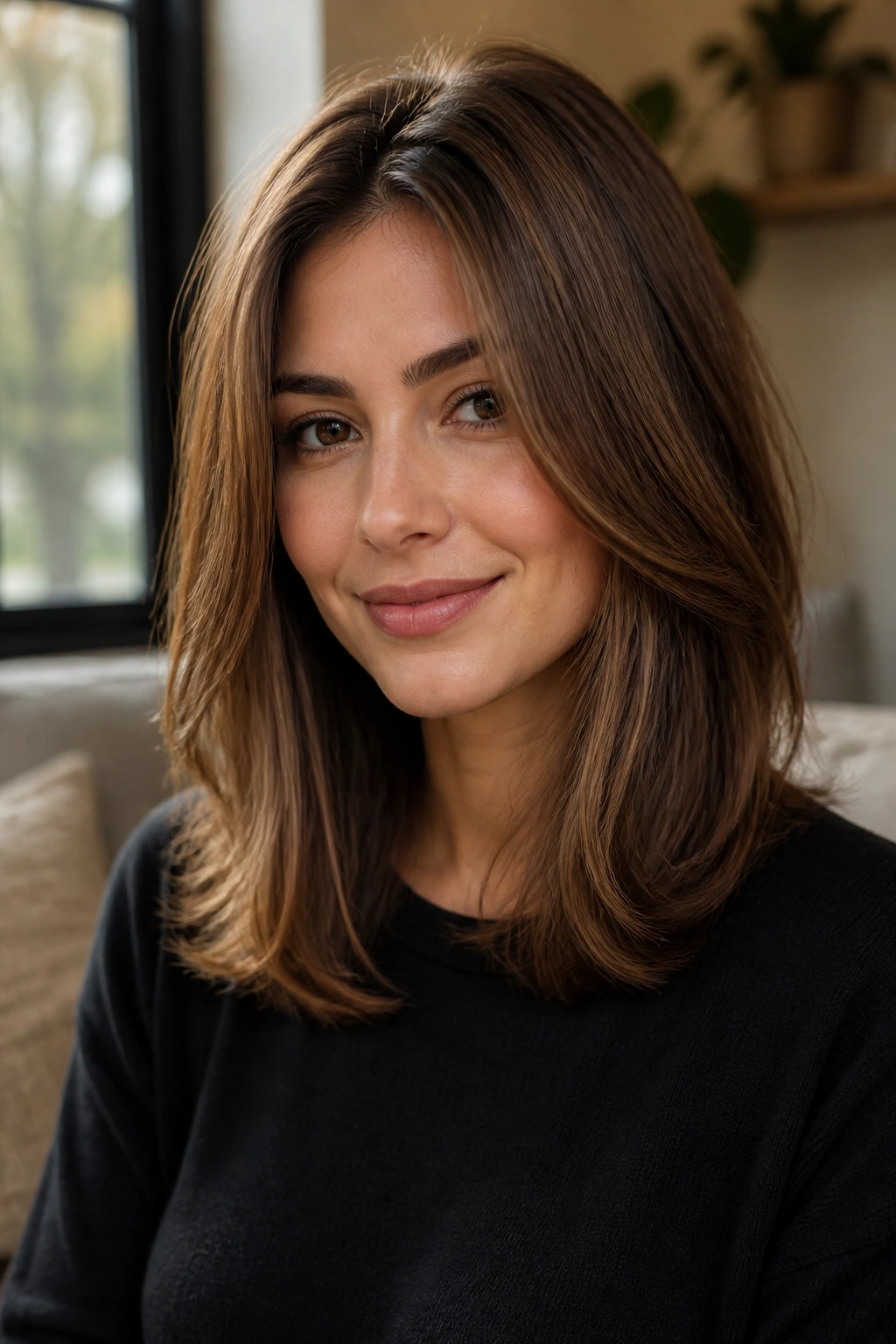 Close-up portrait of a woman with shoulder-length layered hair showing dense ends